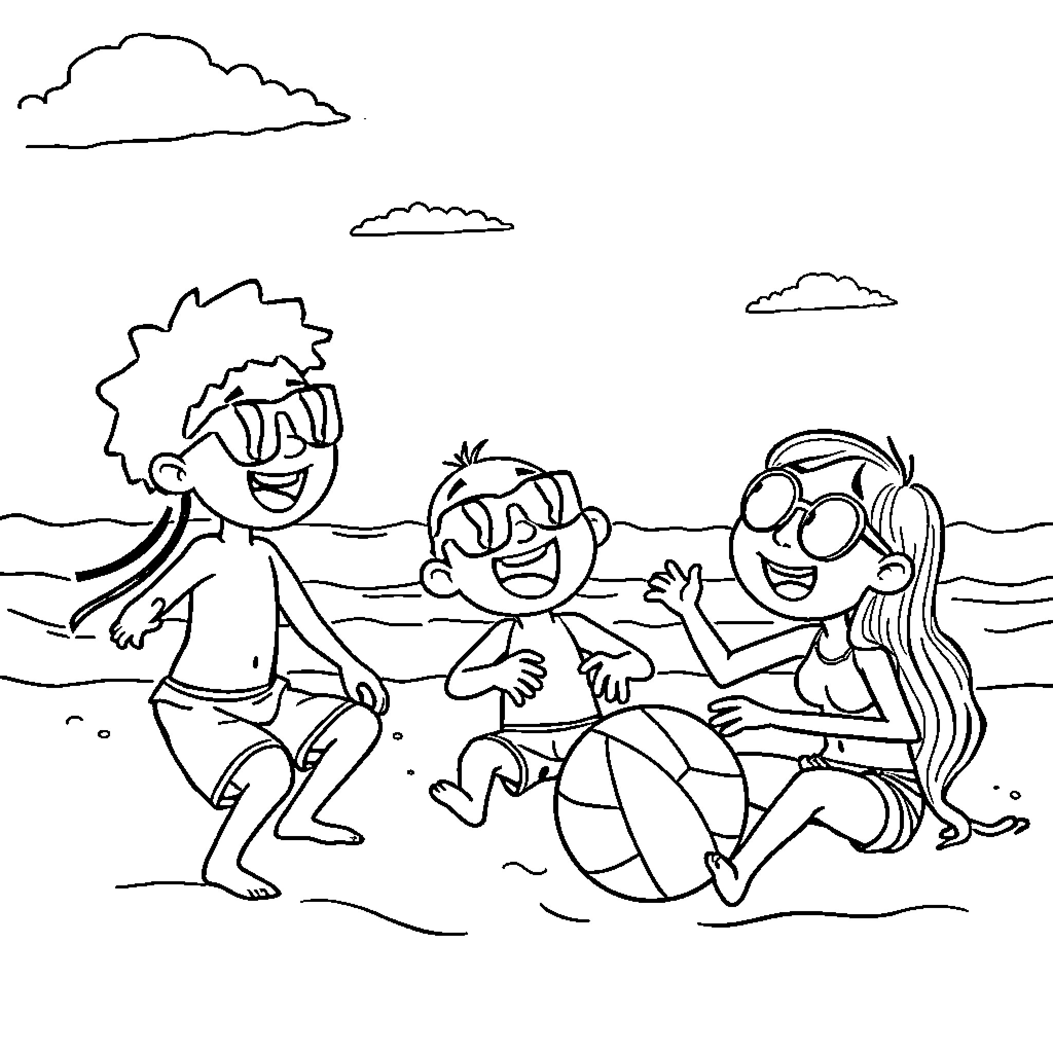 Plim Plim Friends Play Happily on the Beach Coloring Page (free black-and-white line drawing printable PDF for all, from beginners to advanced learners, including children, teens, adults, and seniors)