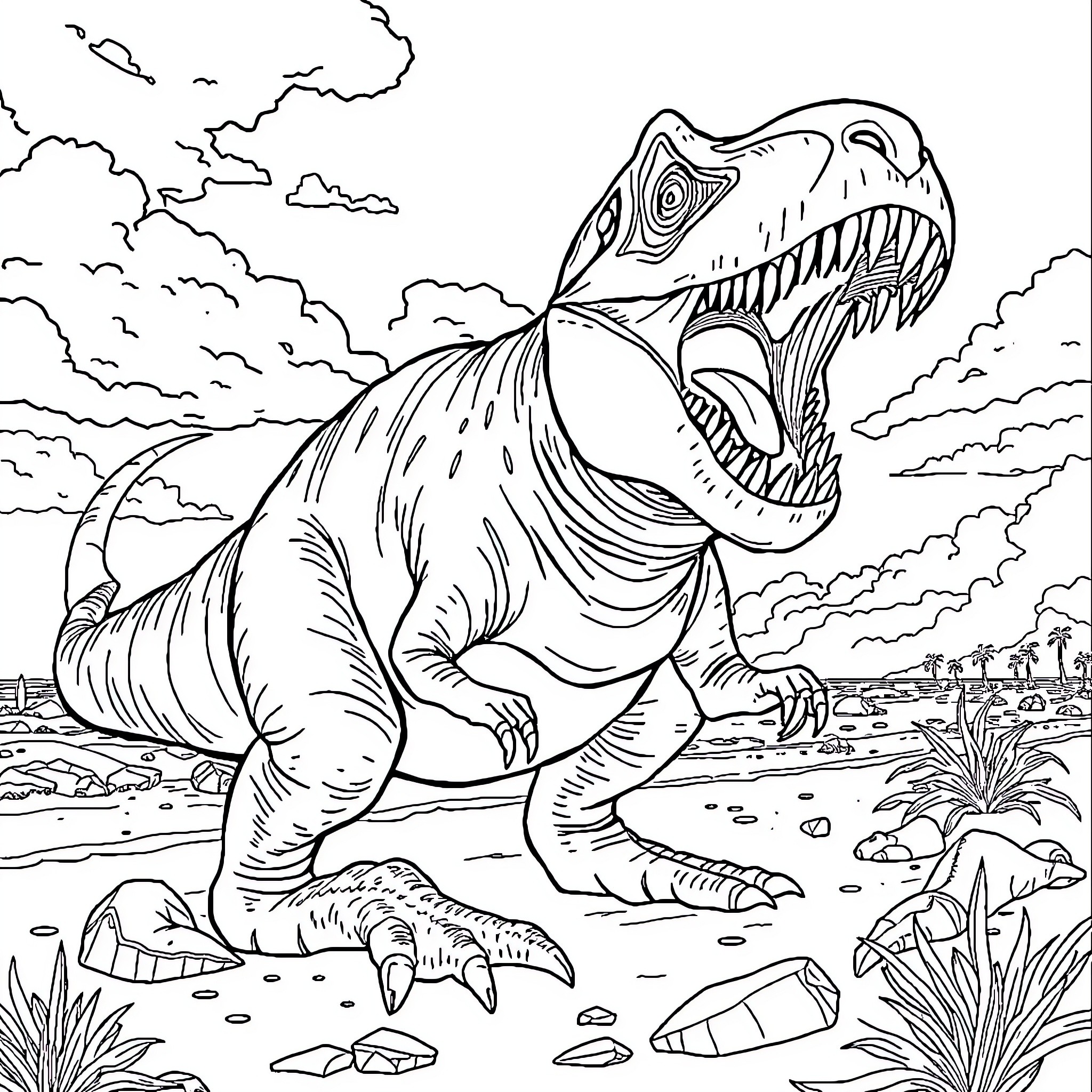 Mosasaurus roaming prehistoric landscape Coloring Page (free black-and-white line drawing printable PDF for all, from beginners to advanced learners, including children, teens, adults, and seniors)