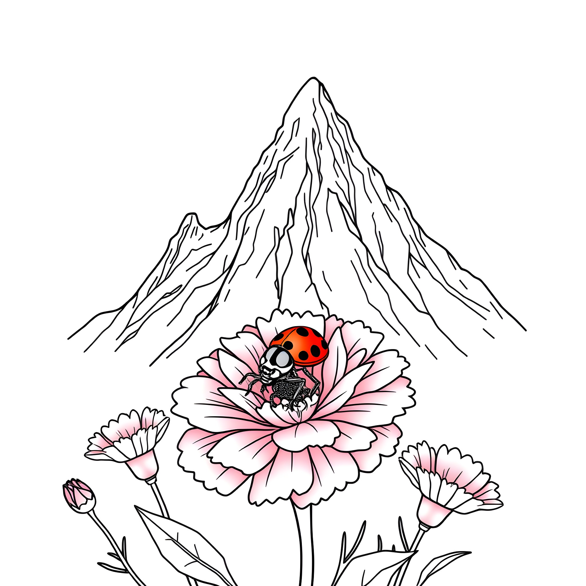 Ladybug resting on a pink flower in the mountains Coloring Page (free black-and-white line drawing printable PDF for all, from beginners to advanced learners, including children, teens, adults, and seniors)