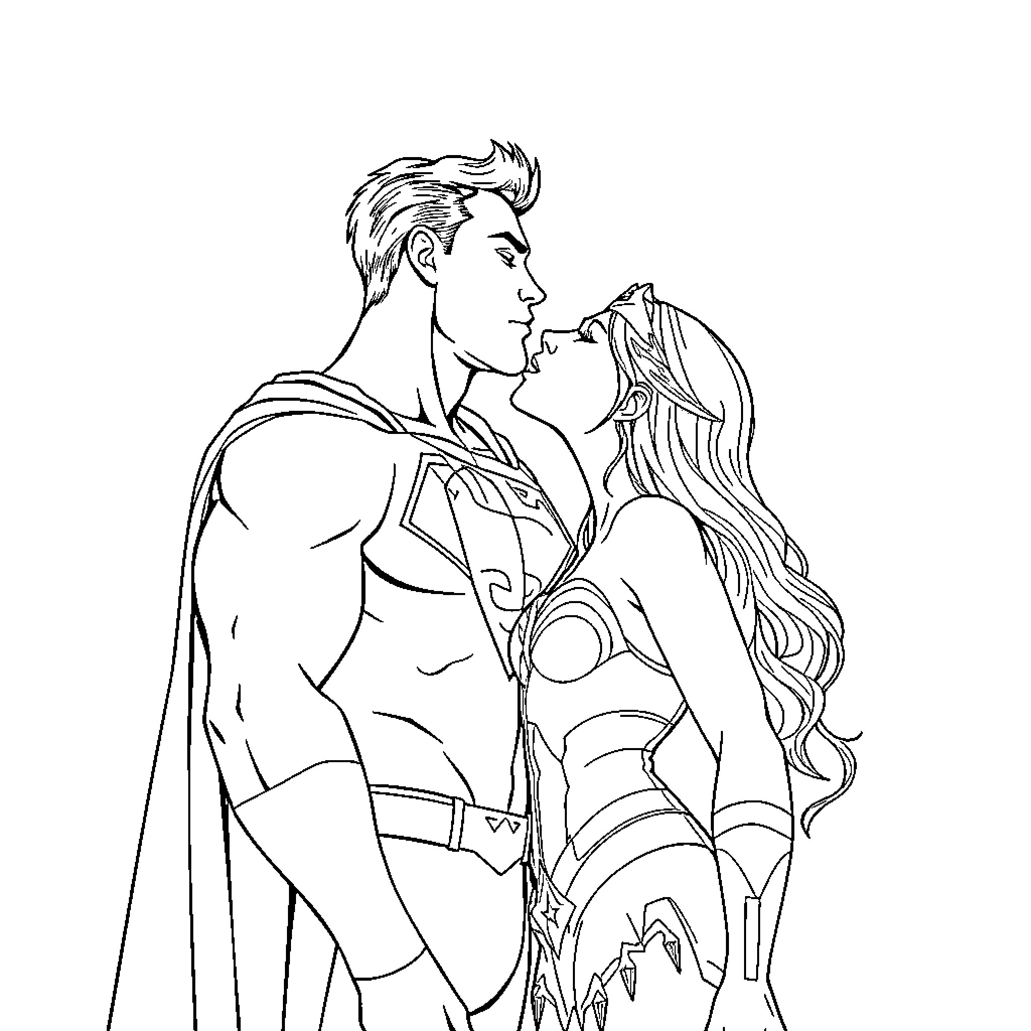 Superman embracing a woman in superhero outfit Coloring Page (free black-and-white line drawing printable PDF for all, from beginners to advanced learners, including children, teens, adults, and seniors)