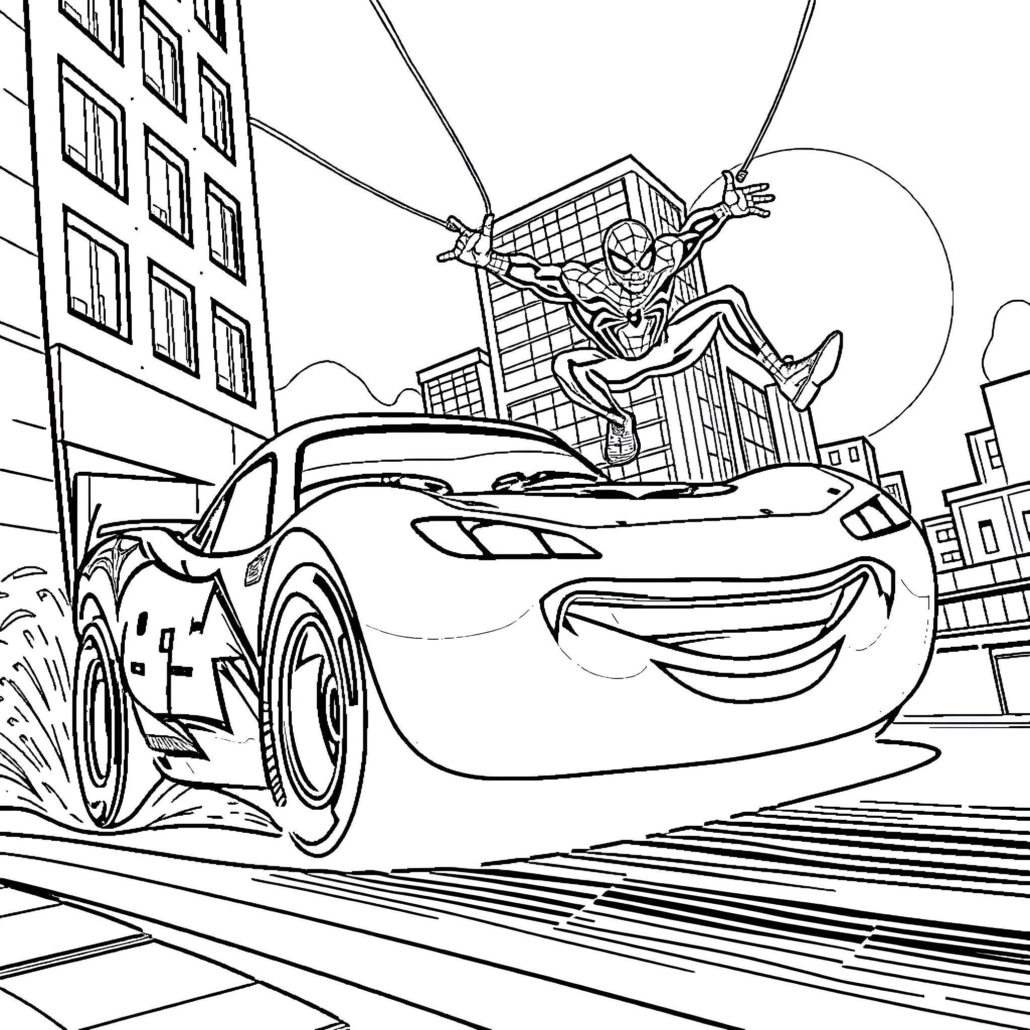 Lightning McQueen Races Through the City Coloring Page (free black-and-white line drawing printable PDF for all, from beginners to advanced learners, including children, teens, adults, and seniors)