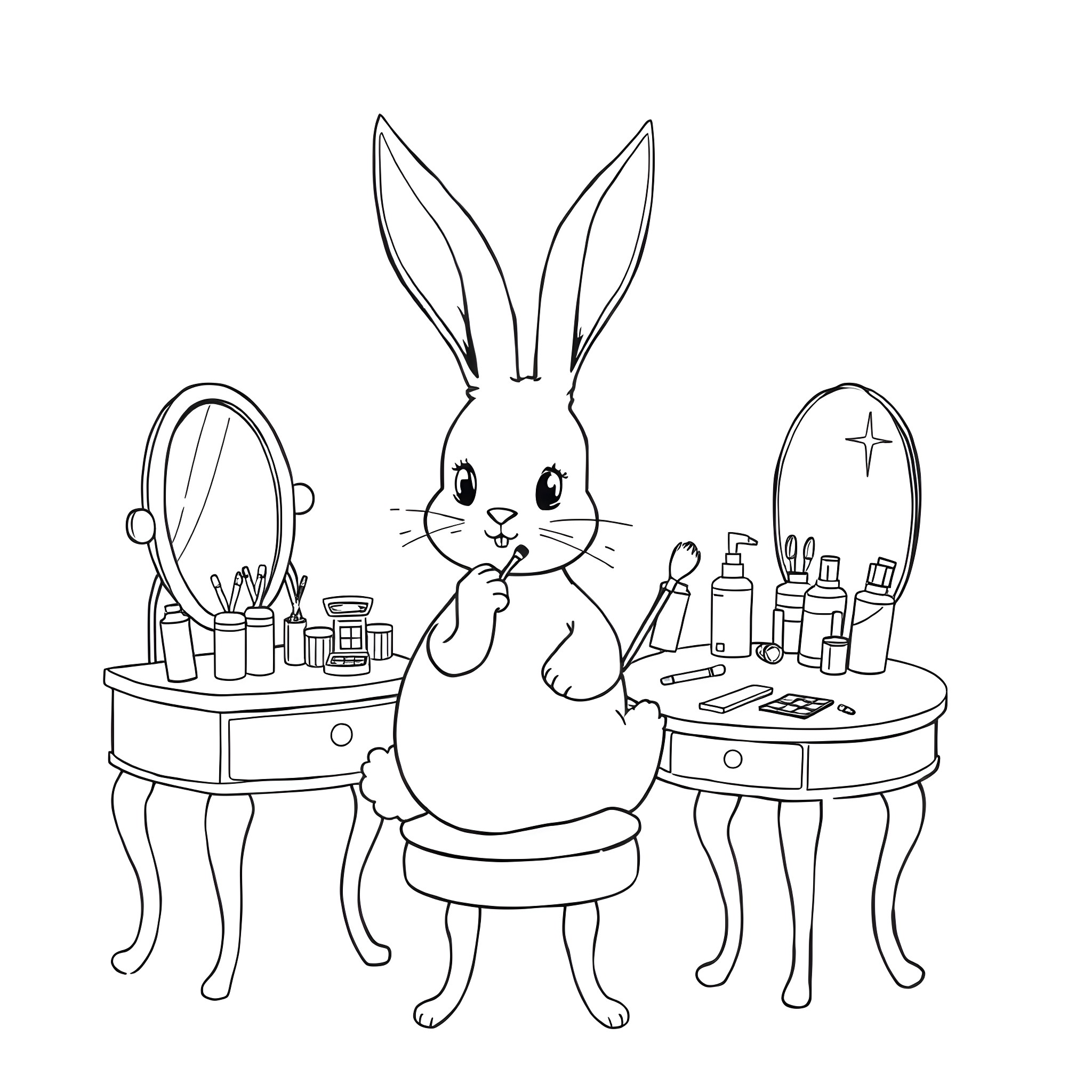 Rabbit getting ready in the makeup room Coloring Page (free black-and-white line drawing printable PDF for all, from beginners to advanced learners, including children, teens, adults, and seniors)