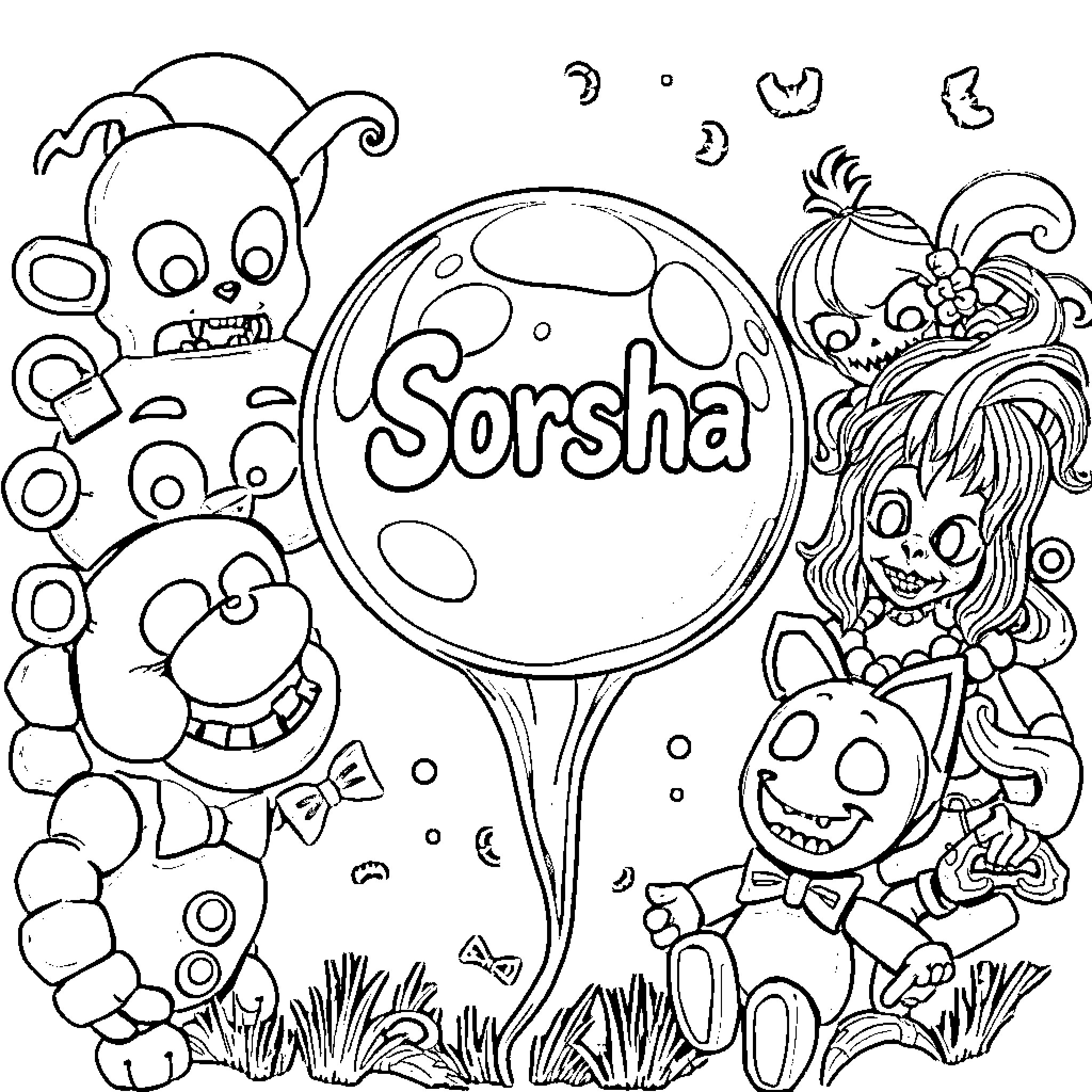 Sorsha's Colorful Adventure with Friends Coloring Page (free black-and-white line drawing printable PDF for all, from beginners to advanced learners, including children, teens, adults, and seniors)