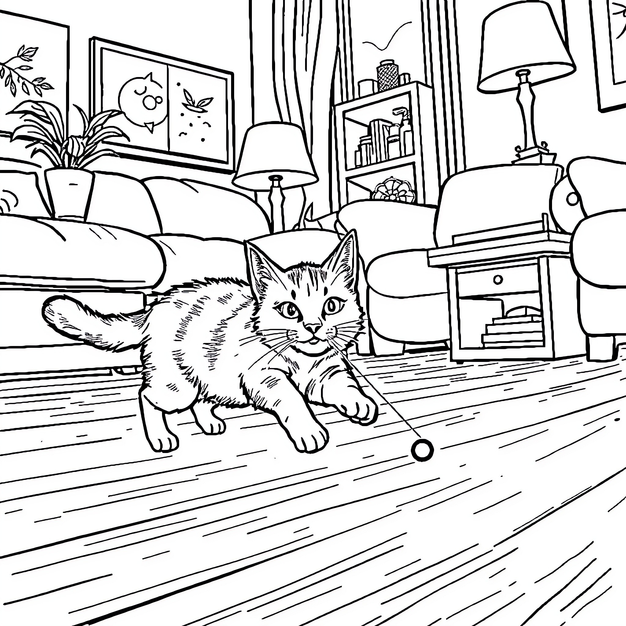 Cat playing with a toy in a cozy living room Coloring Page (free black-and-white line drawing printable PDF for all, from beginners to advanced learners, including children, teens, adults, and seniors)