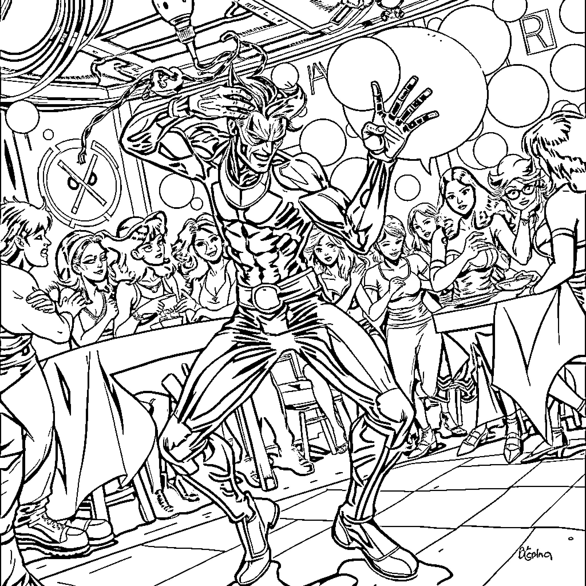 Nightcrawler's Chaotic Extravaganza in the City Coloring Page (free black-and-white line drawing printable PDF for all, from beginners to advanced learners, including children, teens, adults, and seniors)