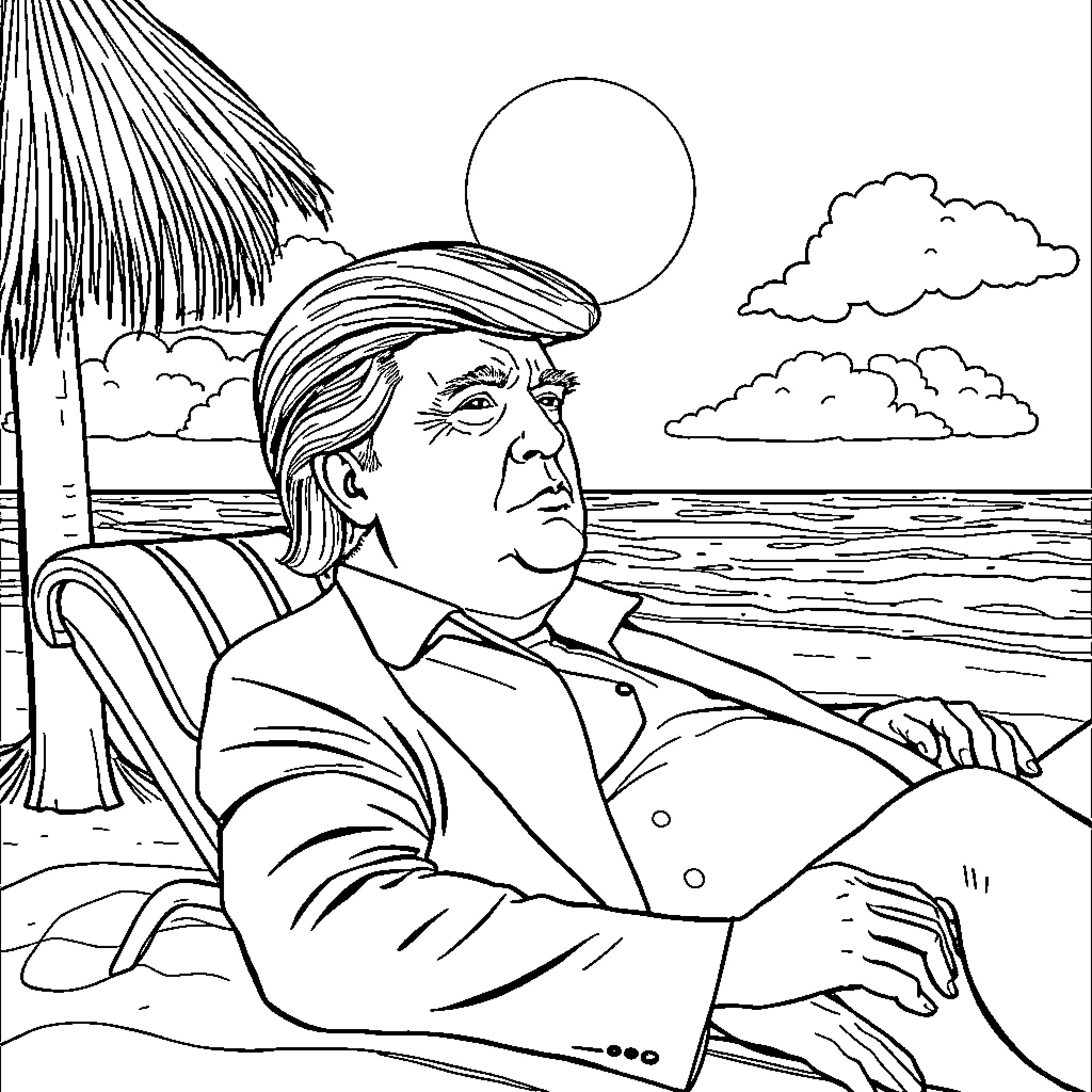 Donald Trump relaxing on a tropical beach Coloring Page (free black-and-white line drawing printable PDF for all, from beginners to advanced learners, including children, teens, adults, and seniors)