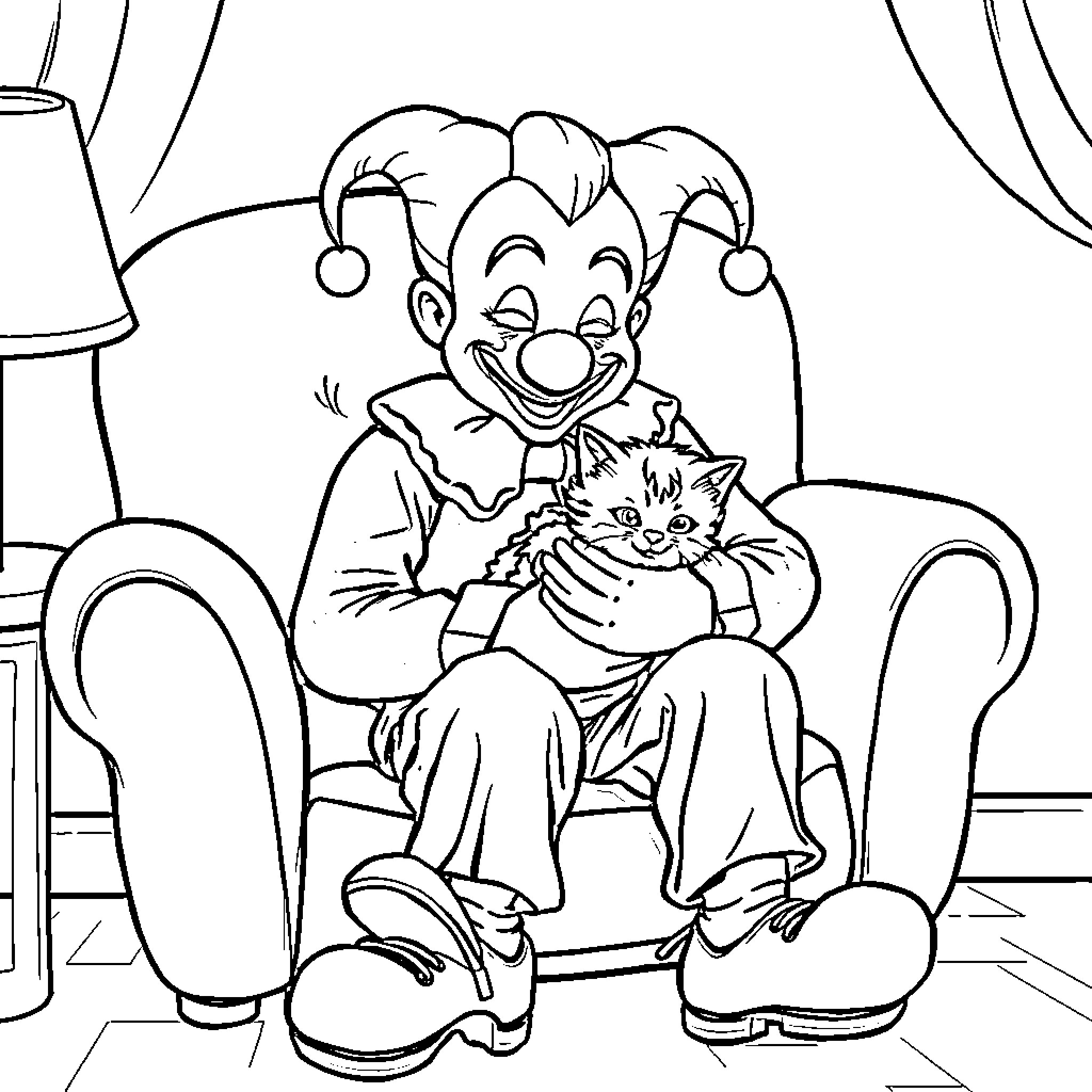 Art The Clown Interacts Playfully with Cat Coloring Page (free black-and-white line drawing printable PDF for all, from beginners to advanced learners, including children, teens, adults, and seniors)