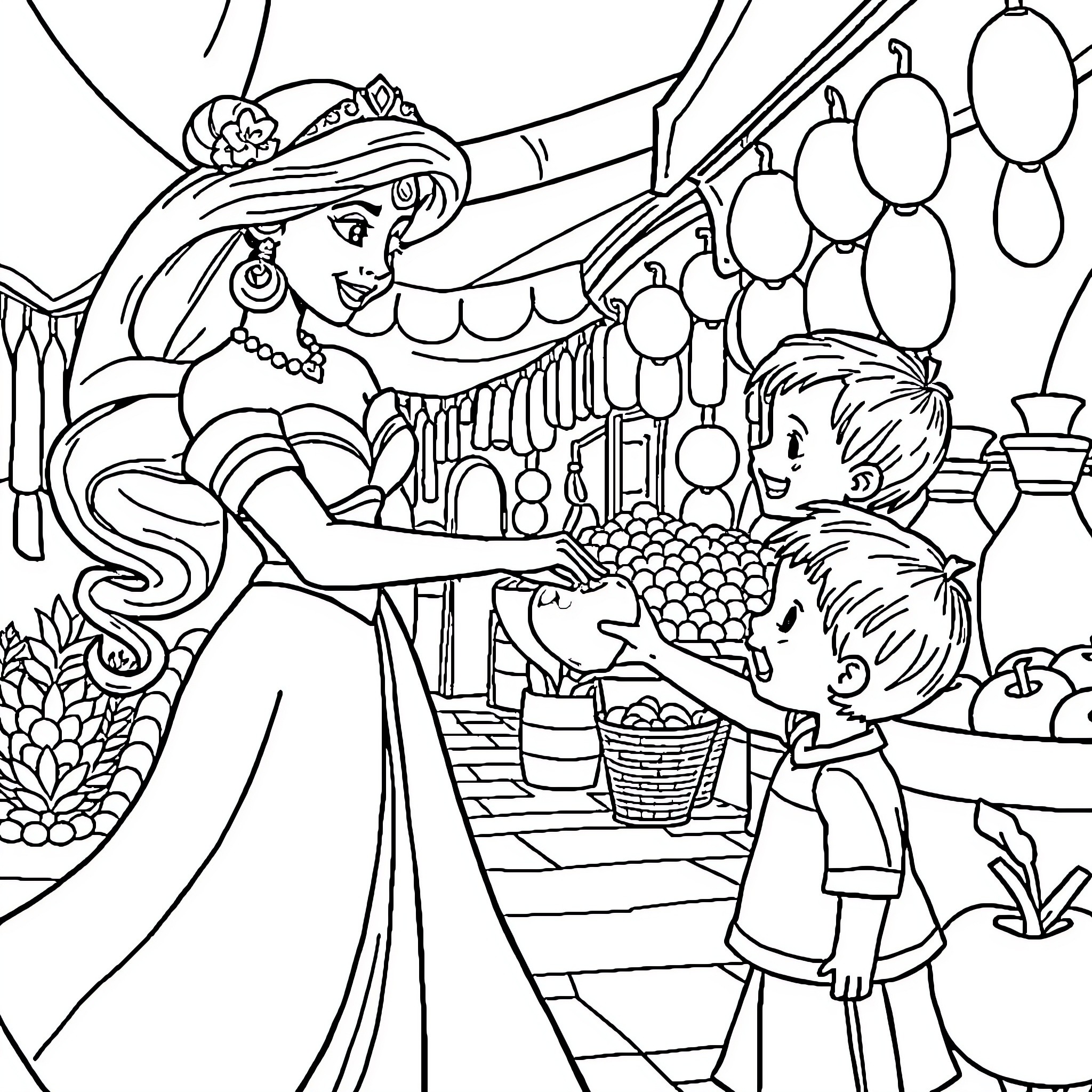 Princess Jasmine Interacting with Children at the Marketplace Coloring Page (free black-and-white line drawing printable PDF for all, from beginners to advanced learners, including children, teens, adults, and seniors)