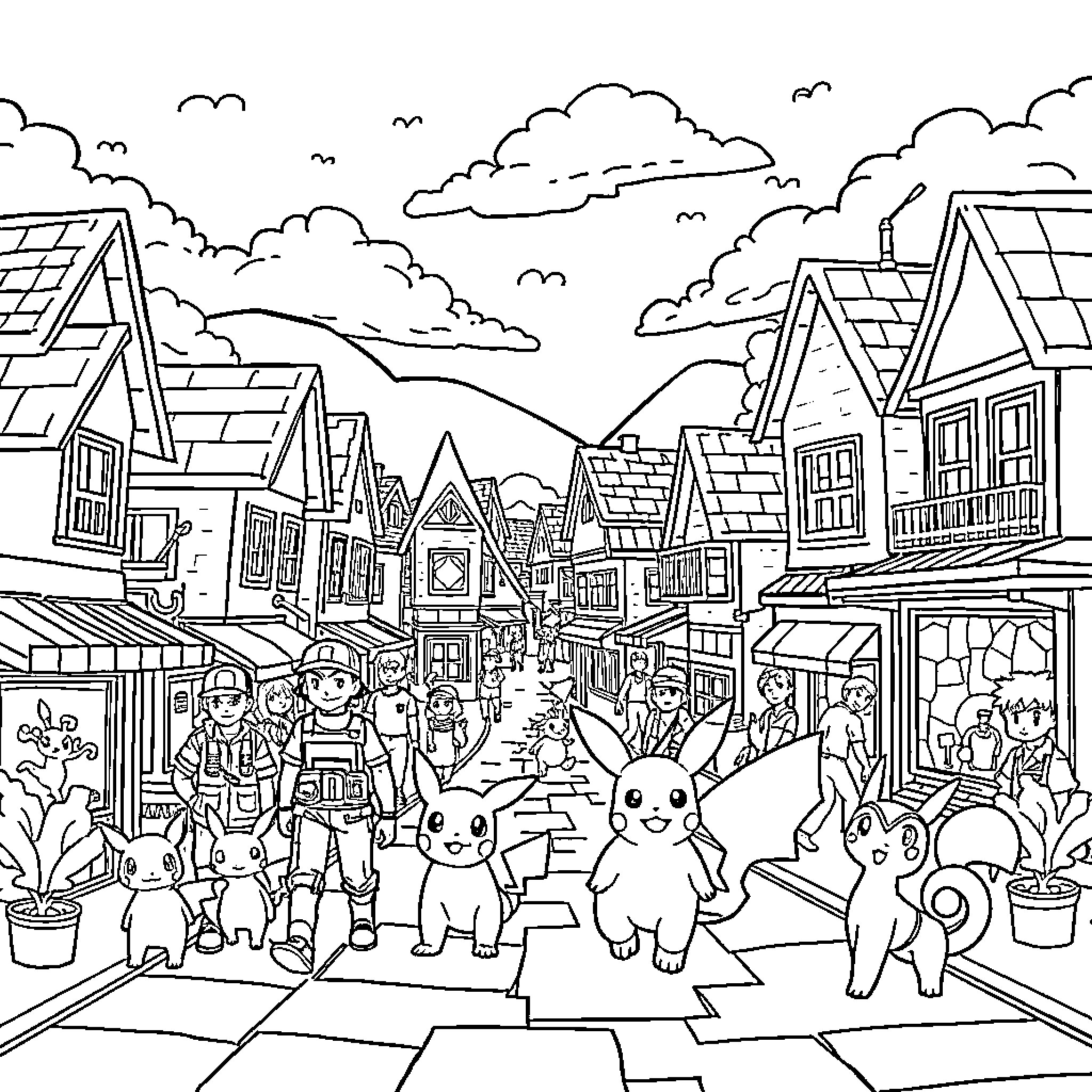 Pokémon characters exploring a quaint village Coloring Page (free black-and-white line drawing printable PDF for all, from beginners to advanced learners, including children, teens, adults, and seniors)