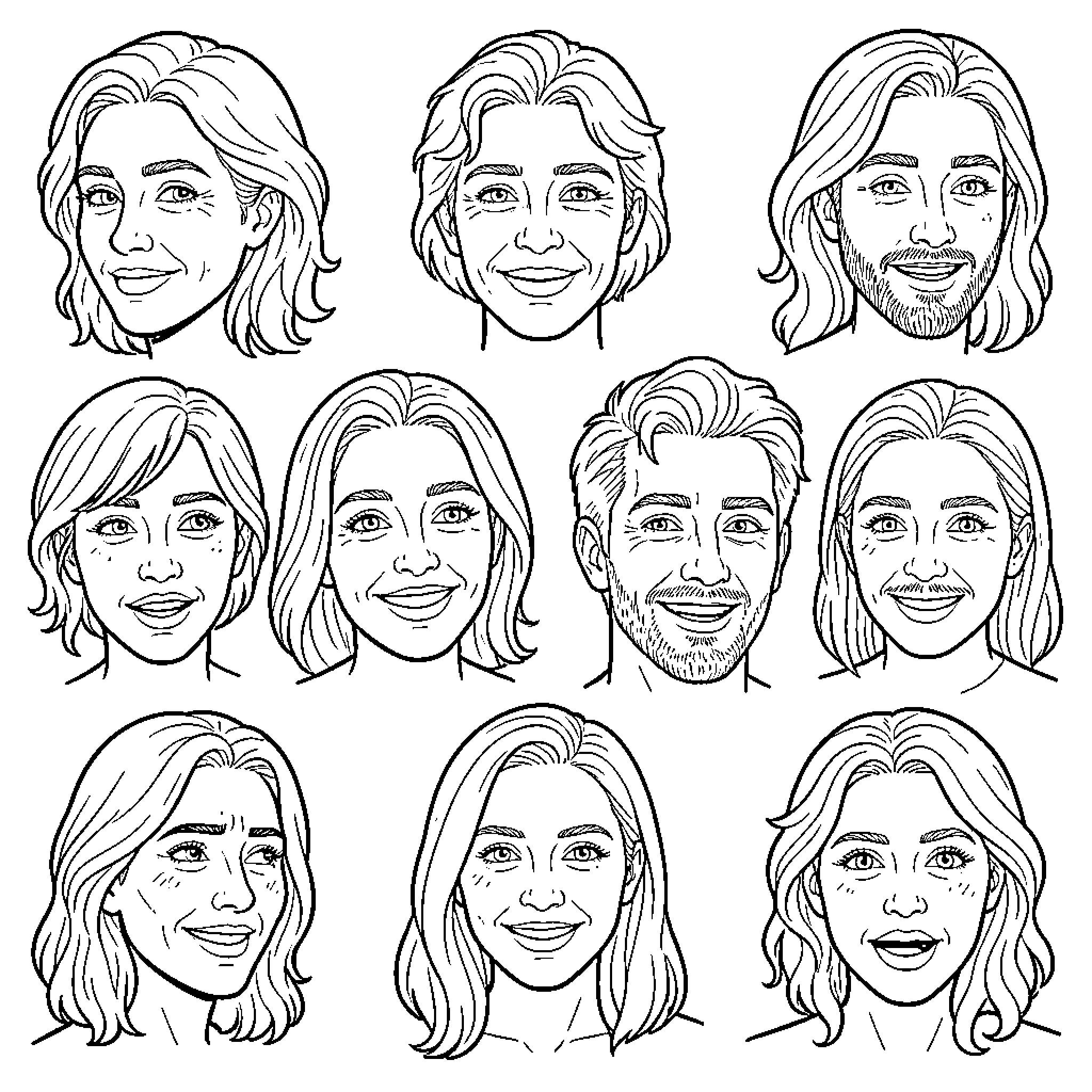 Expression of Diverse Facial Features and Hairstyles Coloring Page (free black-and-white line drawing printable PDF for all, from beginners to advanced learners, including children, teens, adults, and seniors)