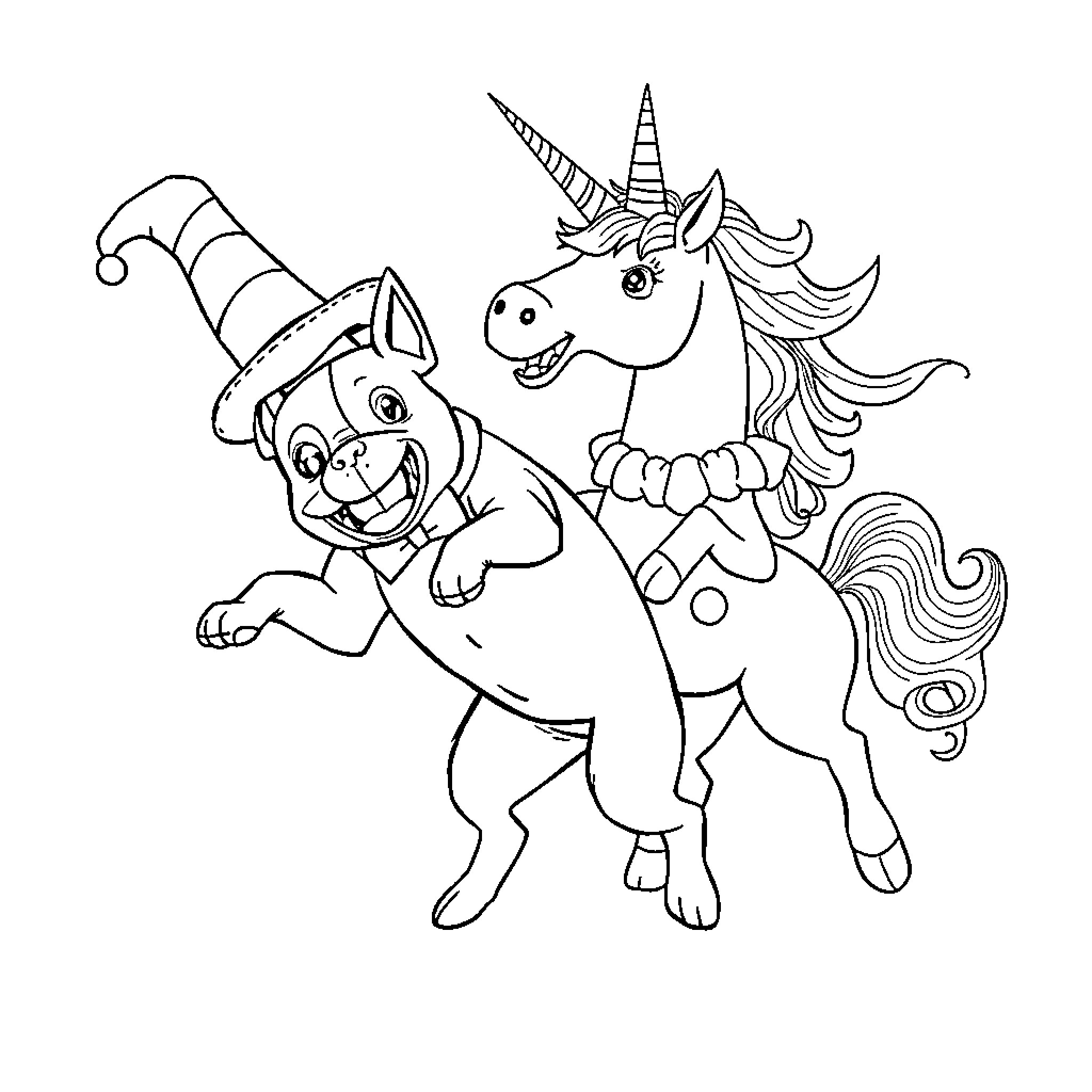 Pitbull and unicorn playing together in costume Coloring Page (free black-and-white line drawing printable PDF for all, from beginners to advanced learners, including children, teens, adults, and seniors)