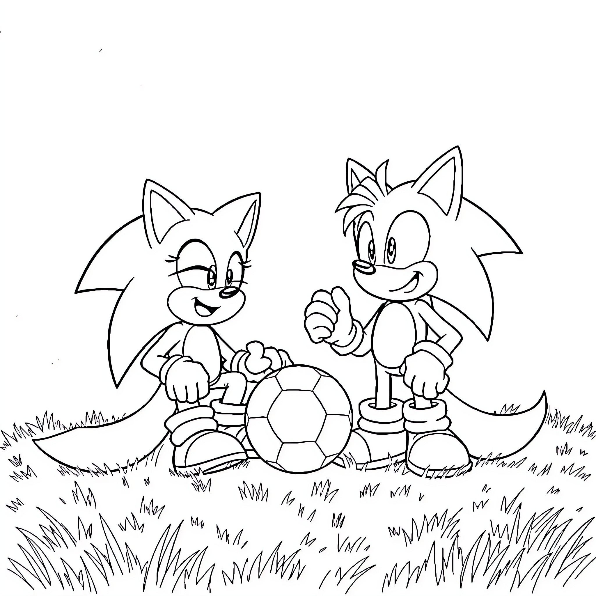 Sonic Characters Playing with Soccer Ball Coloring Page (free black-and-white line drawing printable PDF for all, from beginners to advanced learners, including children, teens, adults, and seniors)