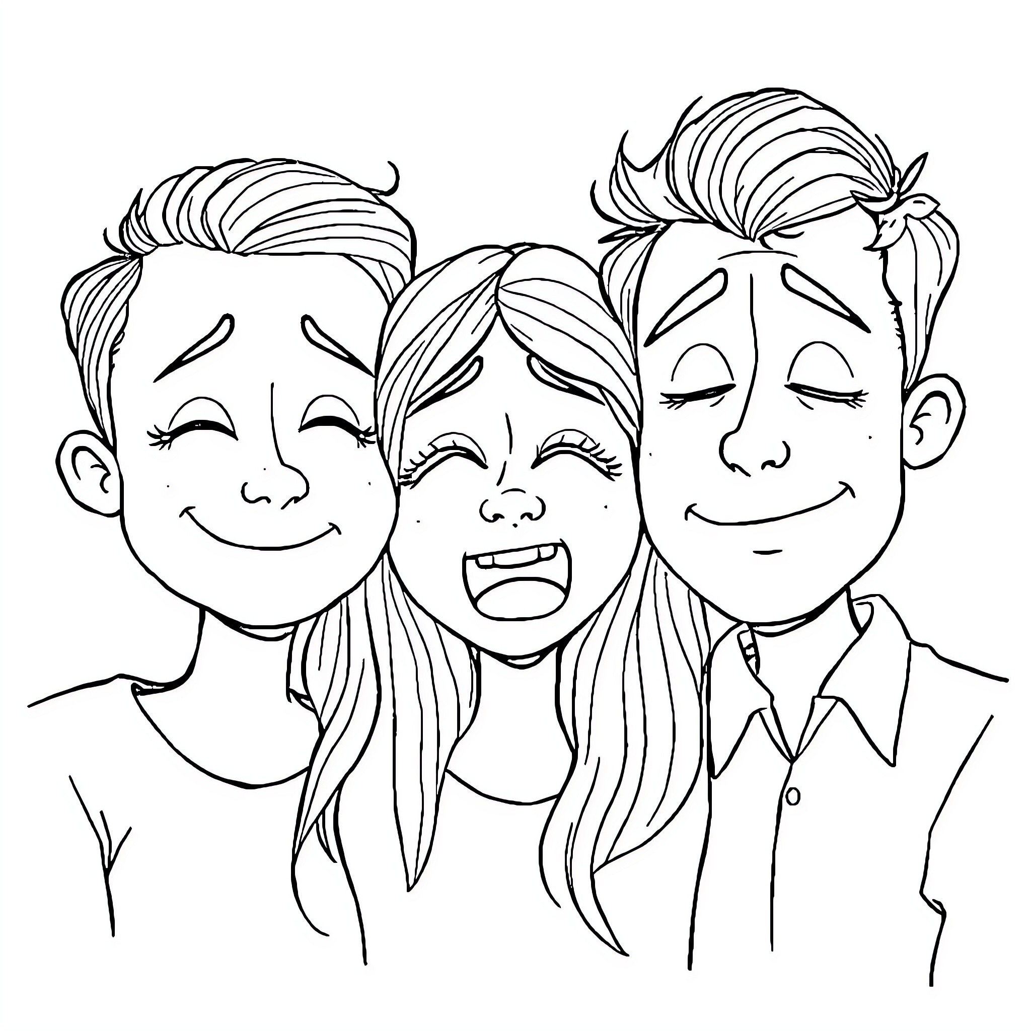 Emotion Faces - Three people expressing different emotions Coloring Page (free black-and-white line drawing printable PDF for all, from beginners to advanced learners, including children, teens, adults, and seniors)