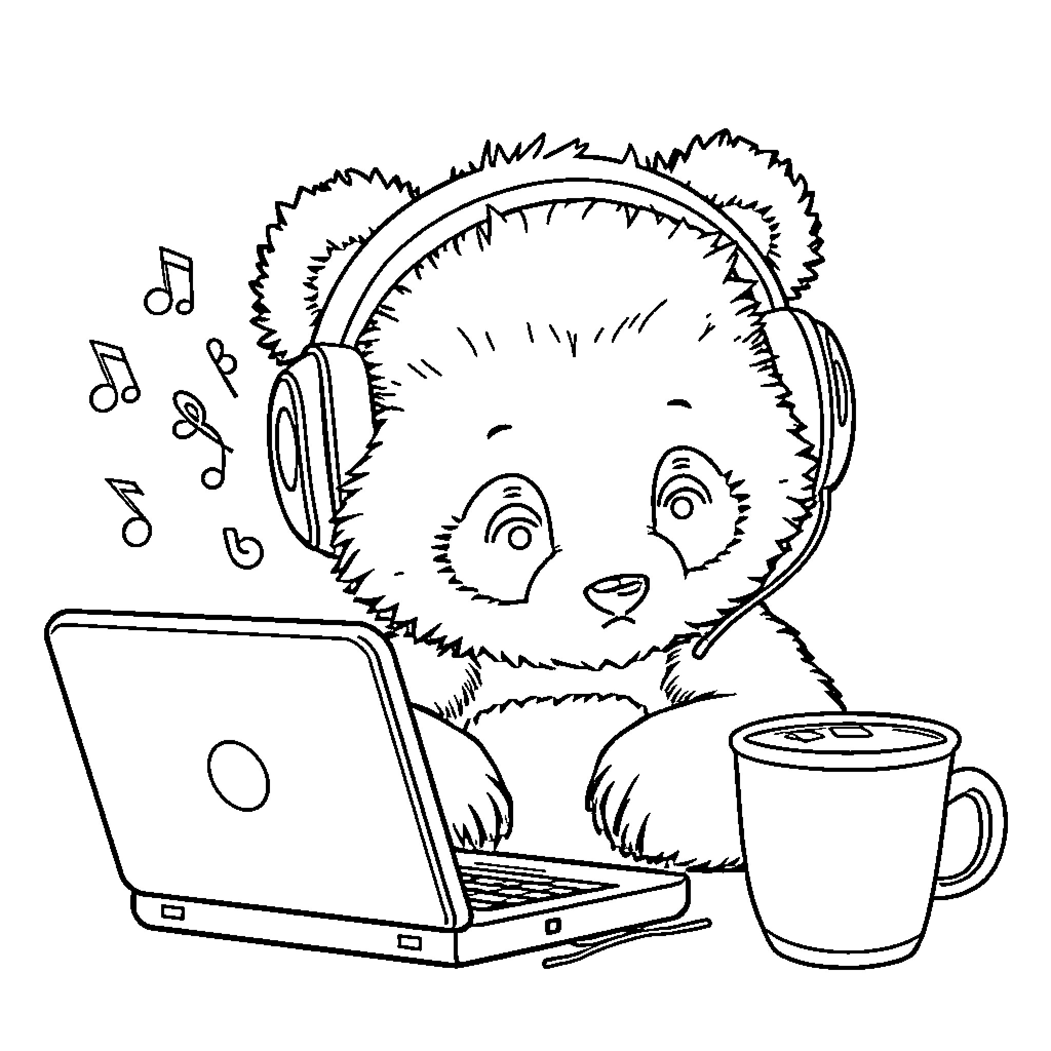 Panda using laptop and enjoying music Coloring Page (free black-and-white line drawing printable PDF for all, from beginners to advanced learners, including children, teens, adults, and seniors)