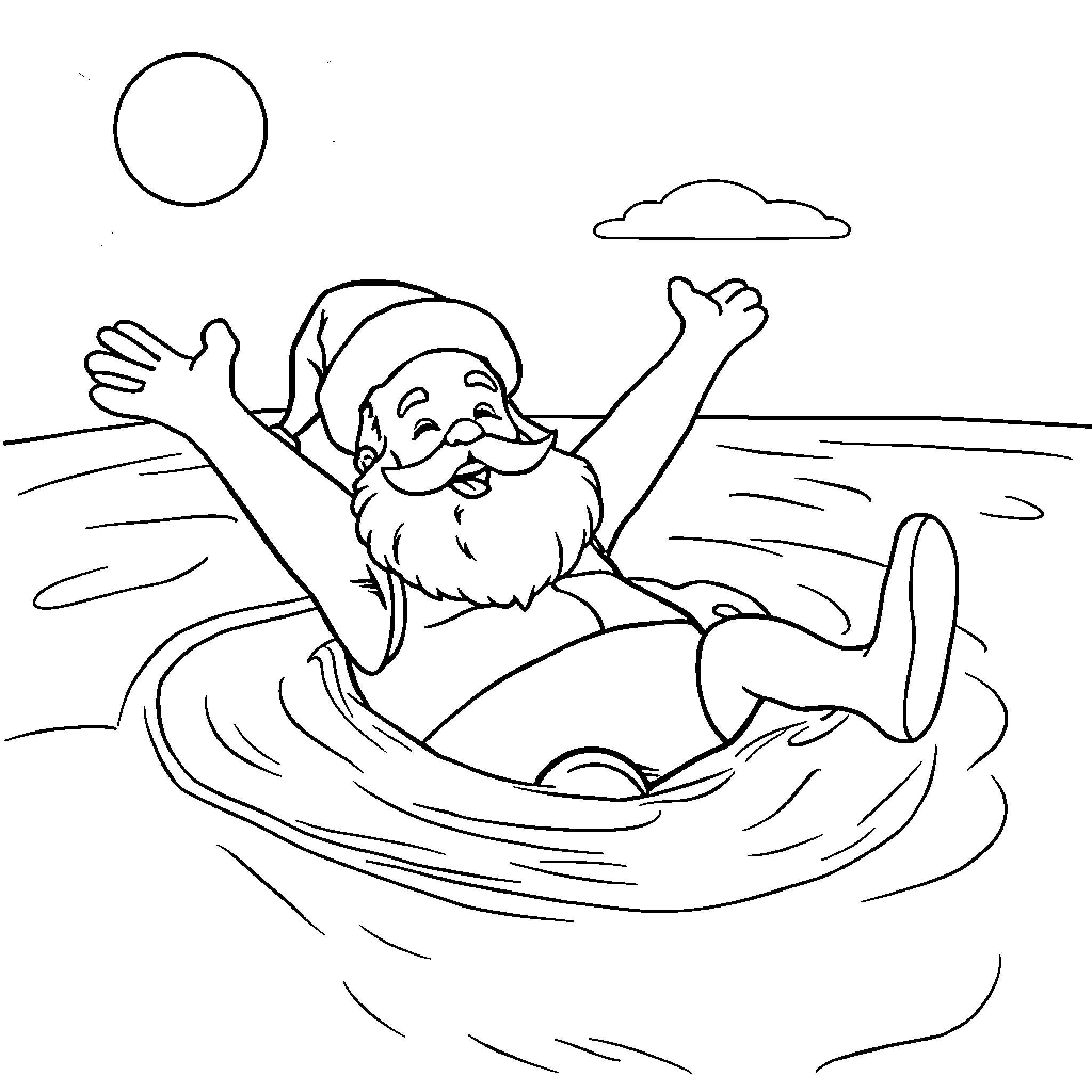 Santa floating joyfully in a boat on the water Coloring Page (free black-and-white line drawing printable PDF for all, from beginners to advanced learners, including children, teens, adults, and seniors)