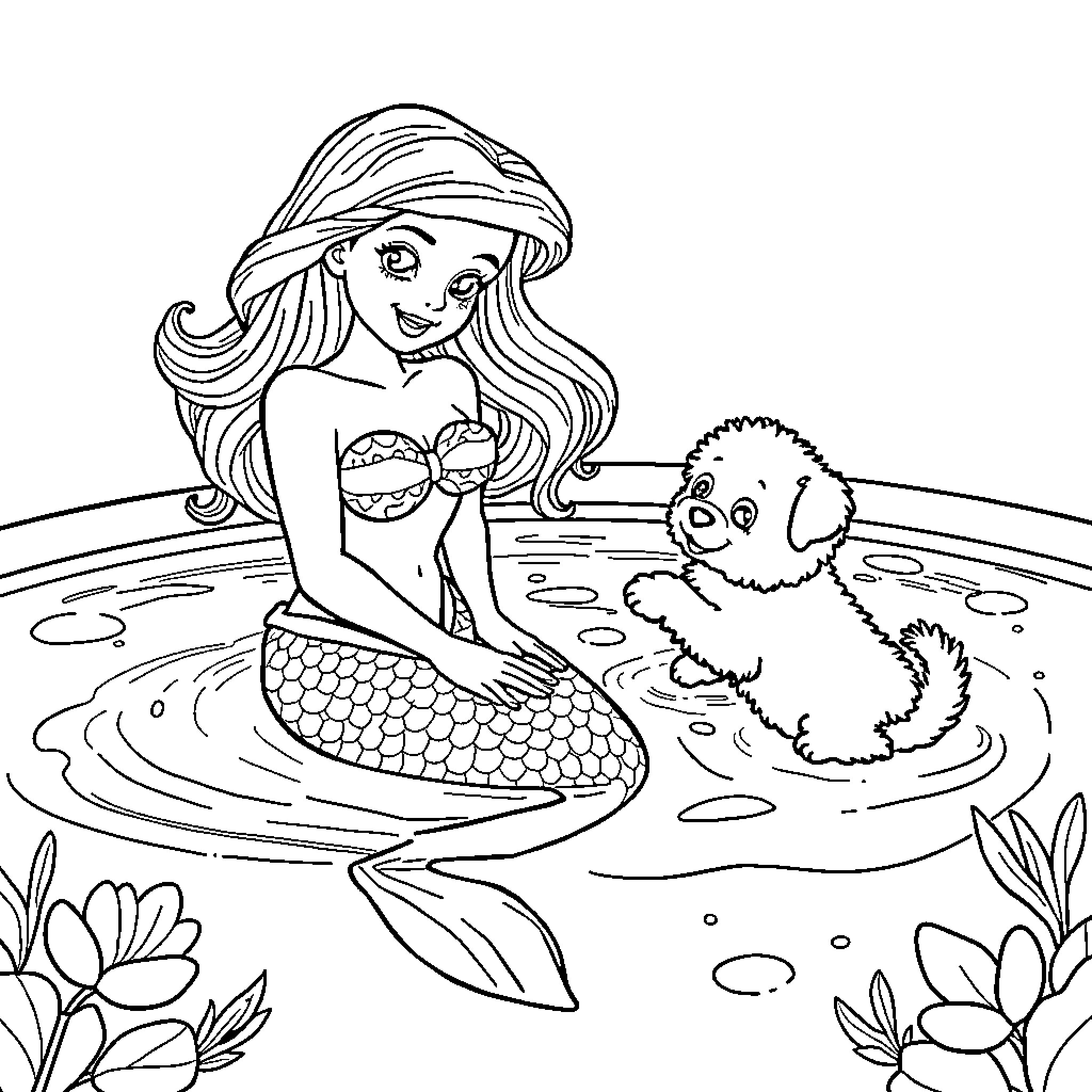 Mermaid playing with adorable puppy in the water Coloring Page (free black-and-white line drawing printable PDF for all, from beginners to advanced learners, including children, teens, adults, and seniors)