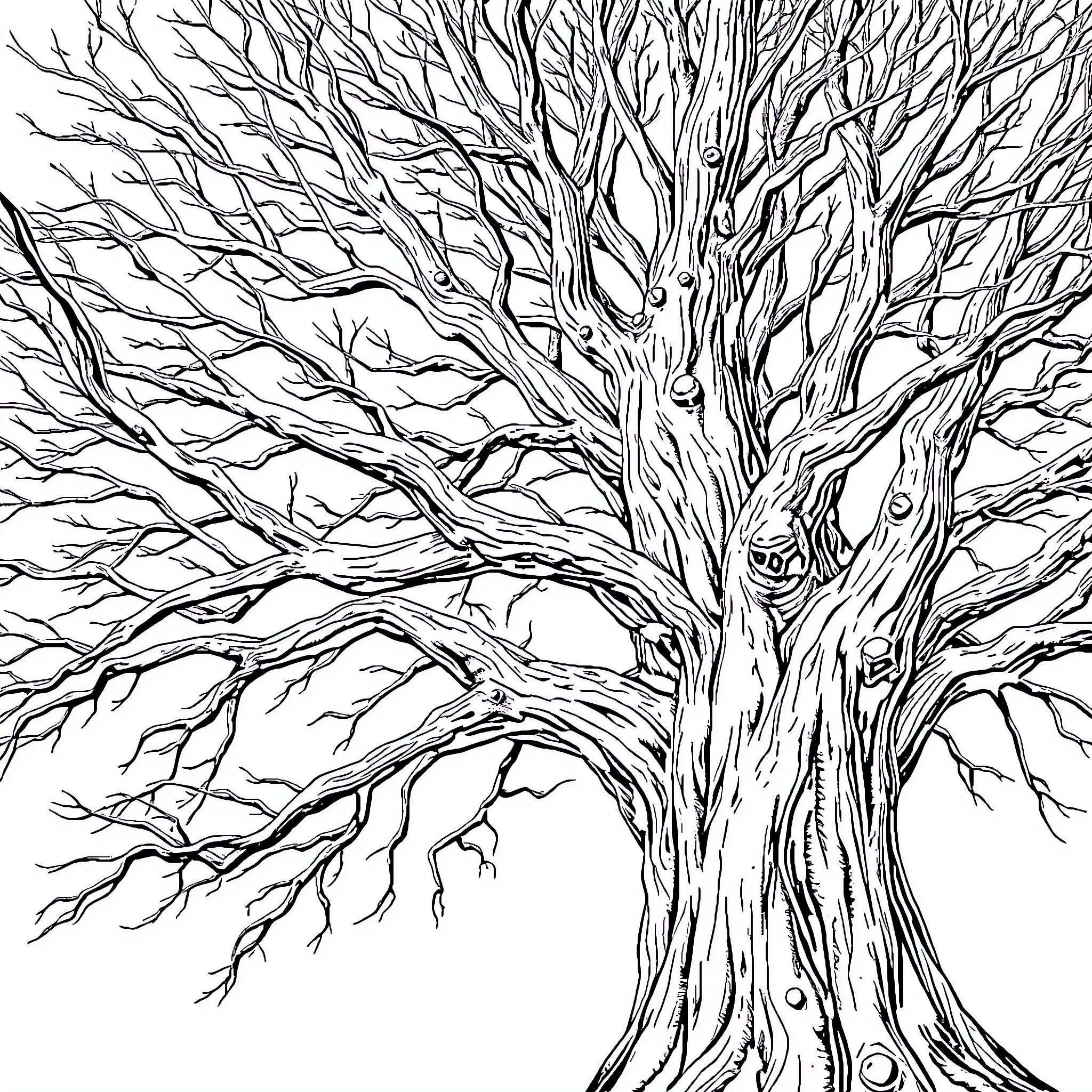 Tree with Intricate Branch Patterns Coloring Page (free black-and-white line drawing printable PDF for all, from beginners to advanced learners, including children, teens, adults, and seniors)