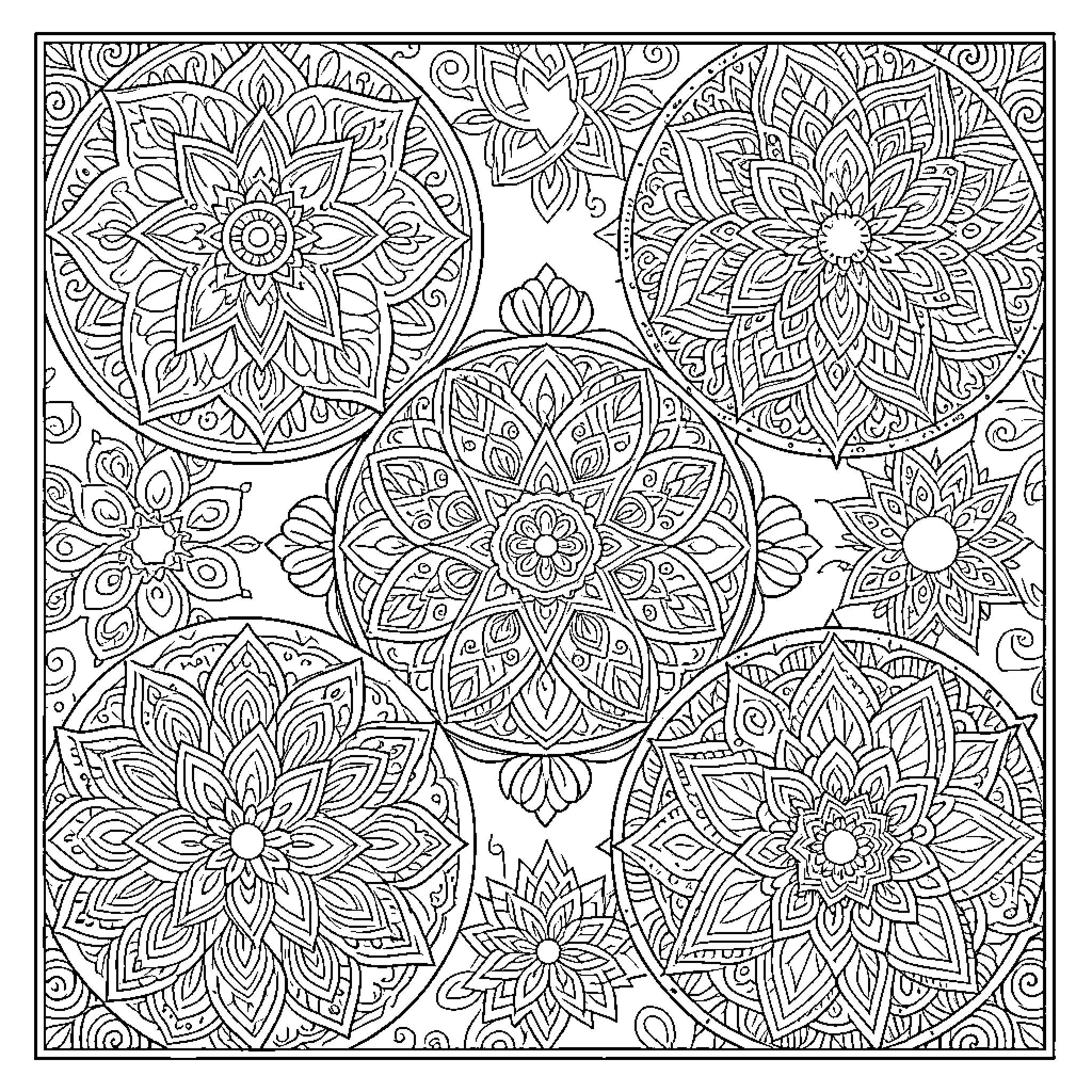 Mandalas of intricate floral patterns Coloring Page (free black-and-white line drawing printable PDF for all, from beginners to advanced learners, including children, teens, adults, and seniors)