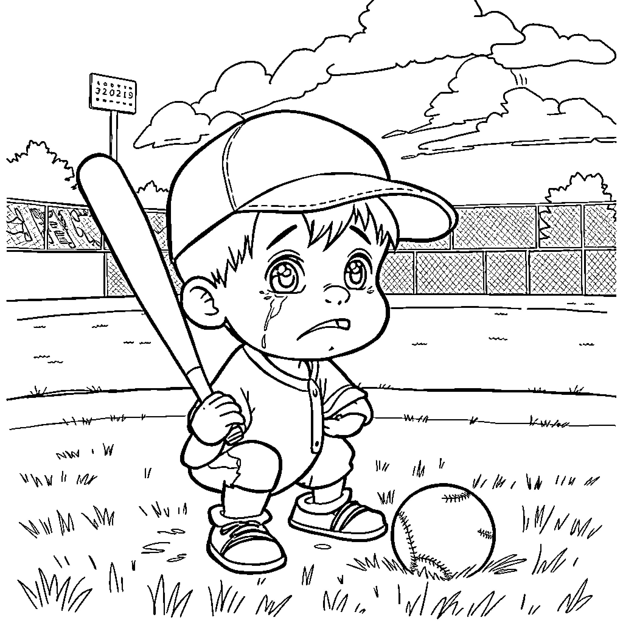 Boy playing baseball in the park Coloring Page (free black-and-white line drawing printable PDF for all, from beginners to advanced learners, including children, teens, adults, and seniors)