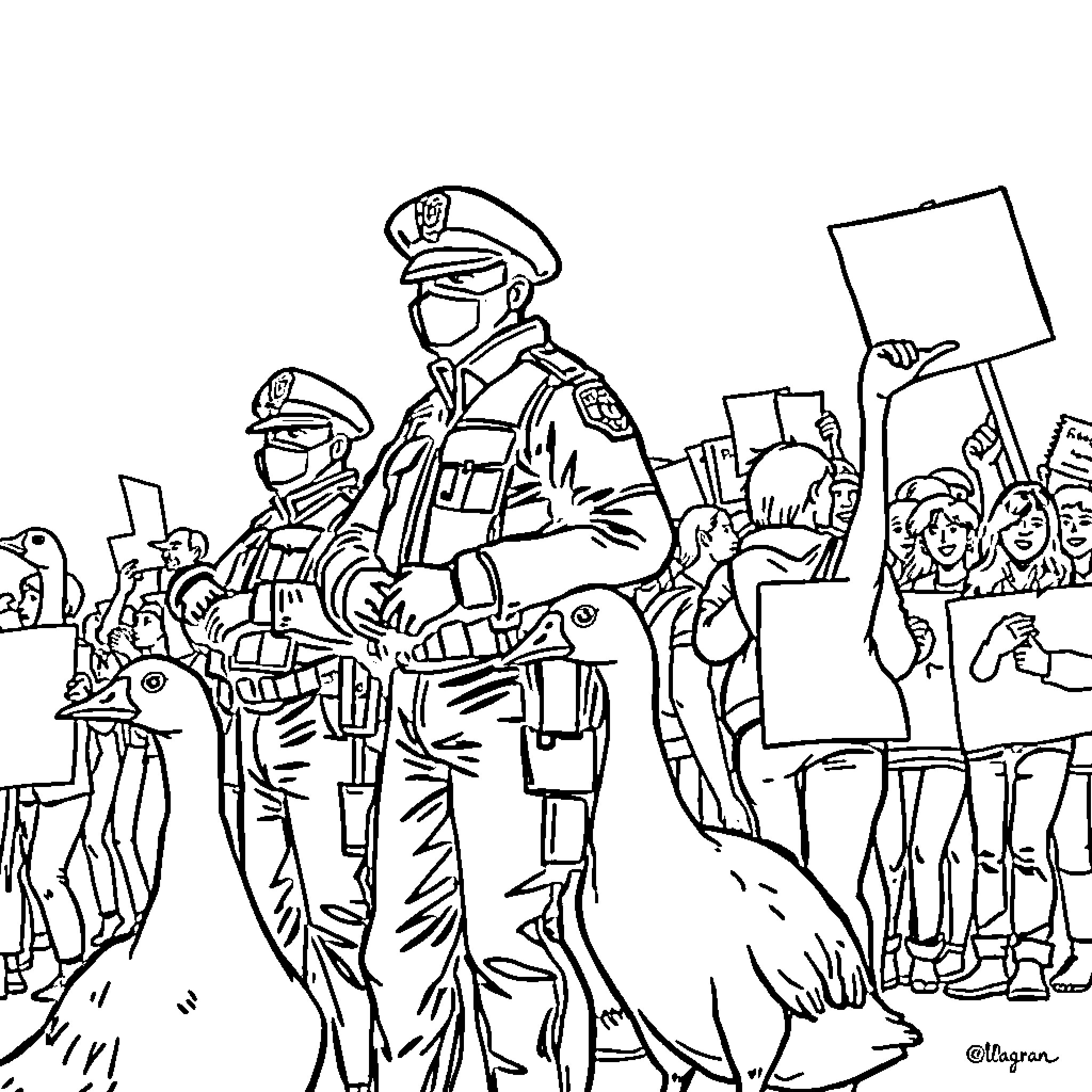 Goose officers on duty protecting a crowd Coloring Page (free black-and-white line drawing printable PDF for all, from beginners to advanced learners, including children, teens, adults, and seniors)