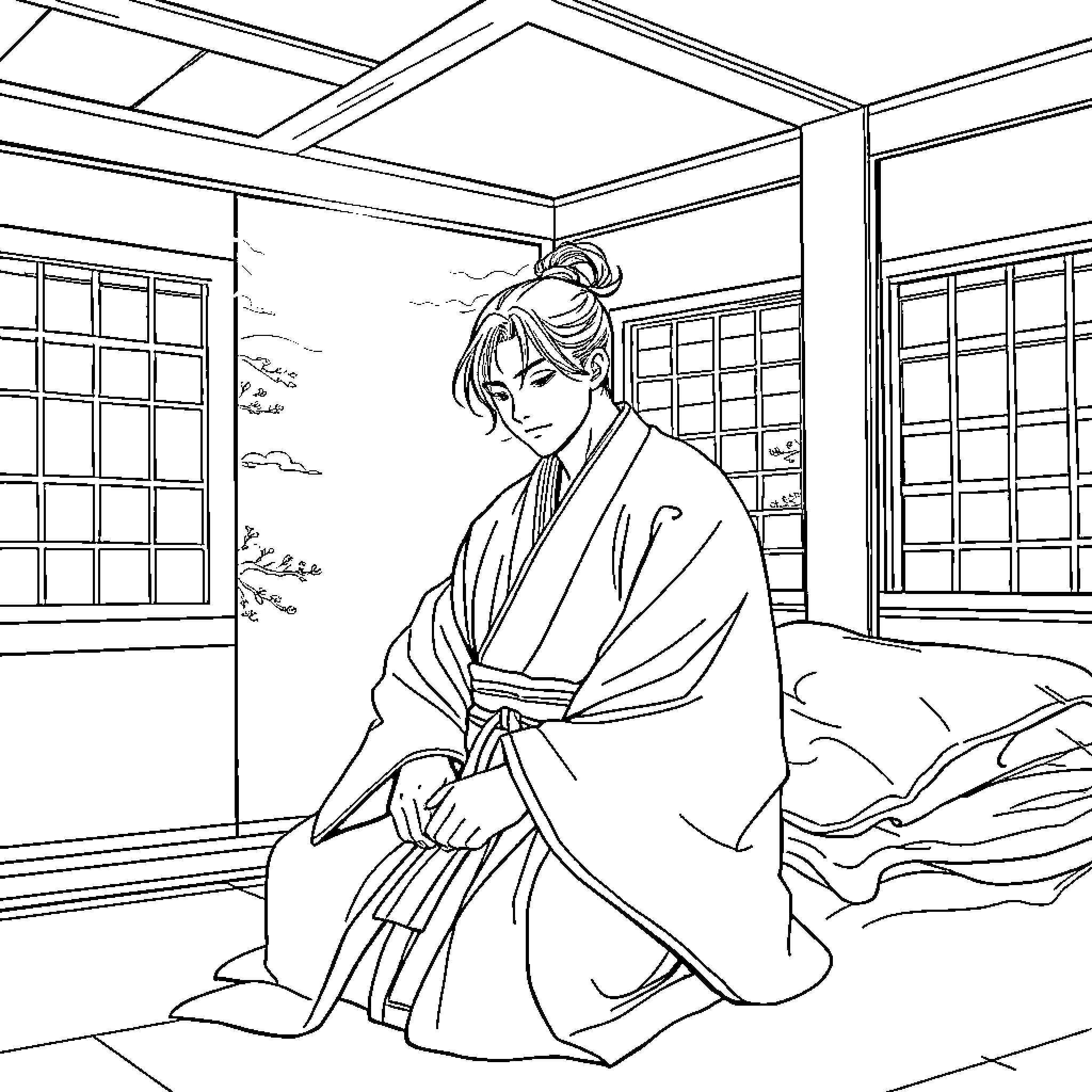 Tenno in contemplative pose in traditional Japanese setting Coloring Page (free black-and-white line drawing printable PDF for all, from beginners to advanced learners, including children, teens, adults, and seniors)