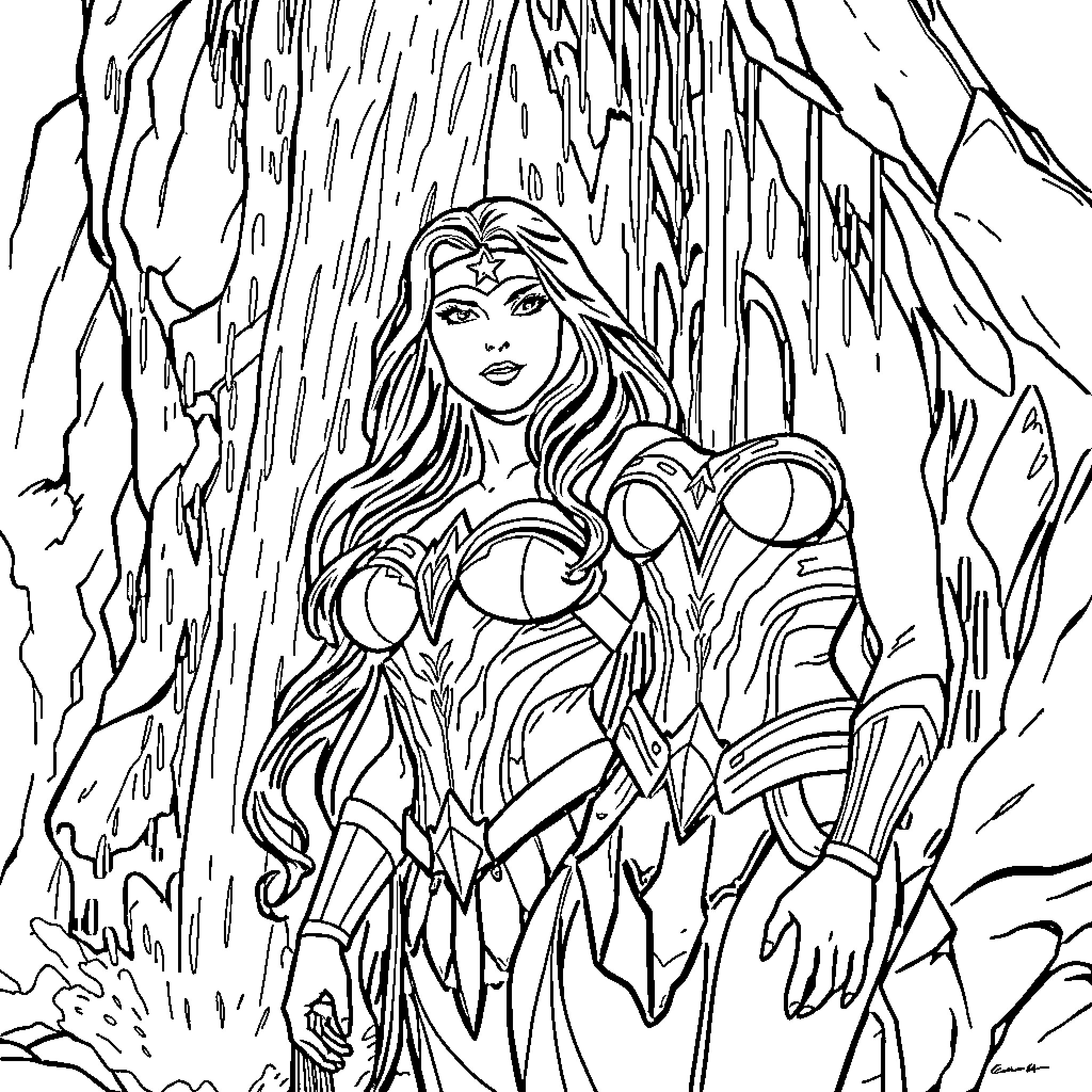 Wonder Woman in an action-packed adventure Coloring Page (free black-and-white line drawing printable PDF for all, from beginners to advanced learners, including children, teens, adults, and seniors)