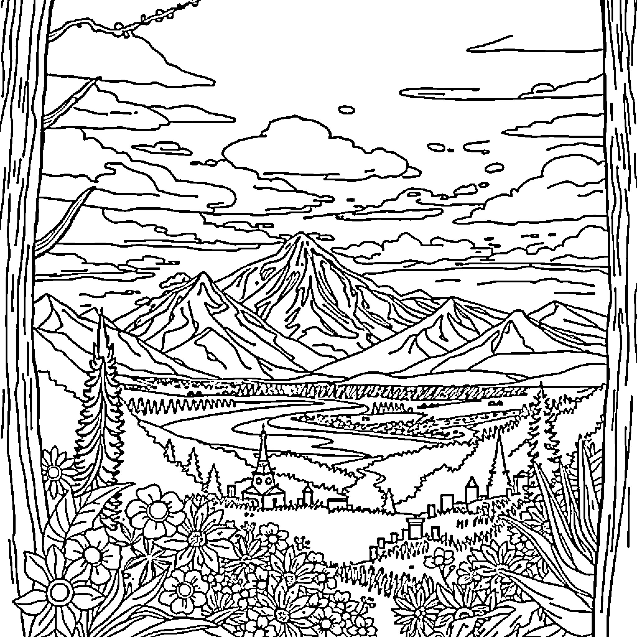 Argentina Mountainous Landscape with Flowers Coloring Page (free black-and-white line drawing printable PDF for all, from beginners to advanced learners, including children, teens, adults, and seniors)