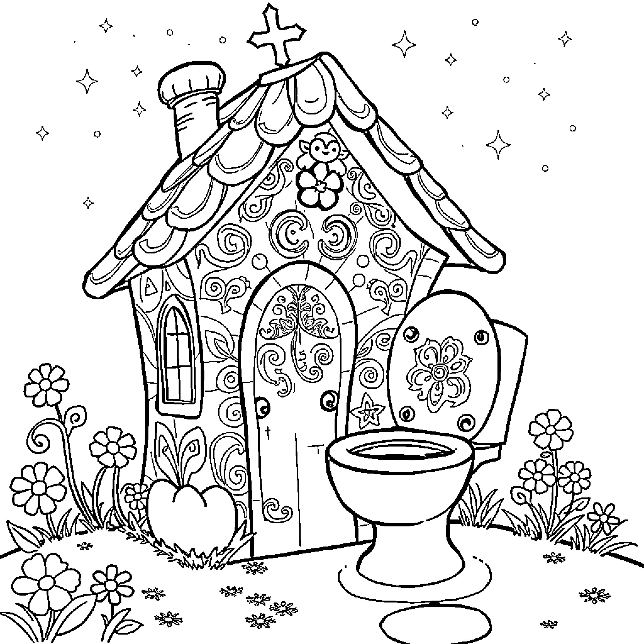 Pandi's Whimsical Cottage with Flower Decor Coloring Page (free black-and-white line drawing printable PDF for all, from beginners to advanced learners, including children, teens, adults, and seniors)