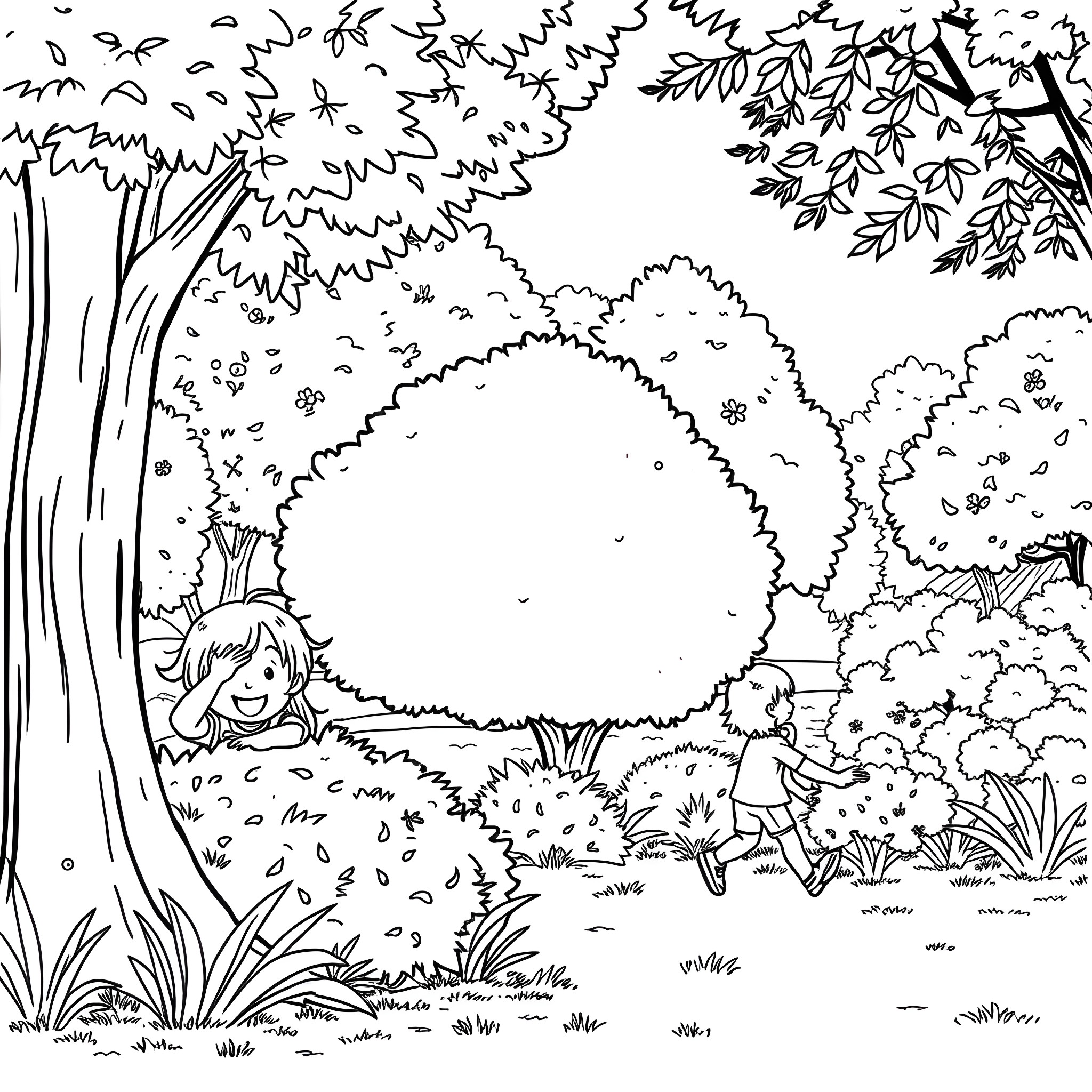 Kid exploring the enchanting forest Coloring Page (free black-and-white line drawing printable PDF for all, from beginners to advanced learners, including children, teens, adults, and seniors)