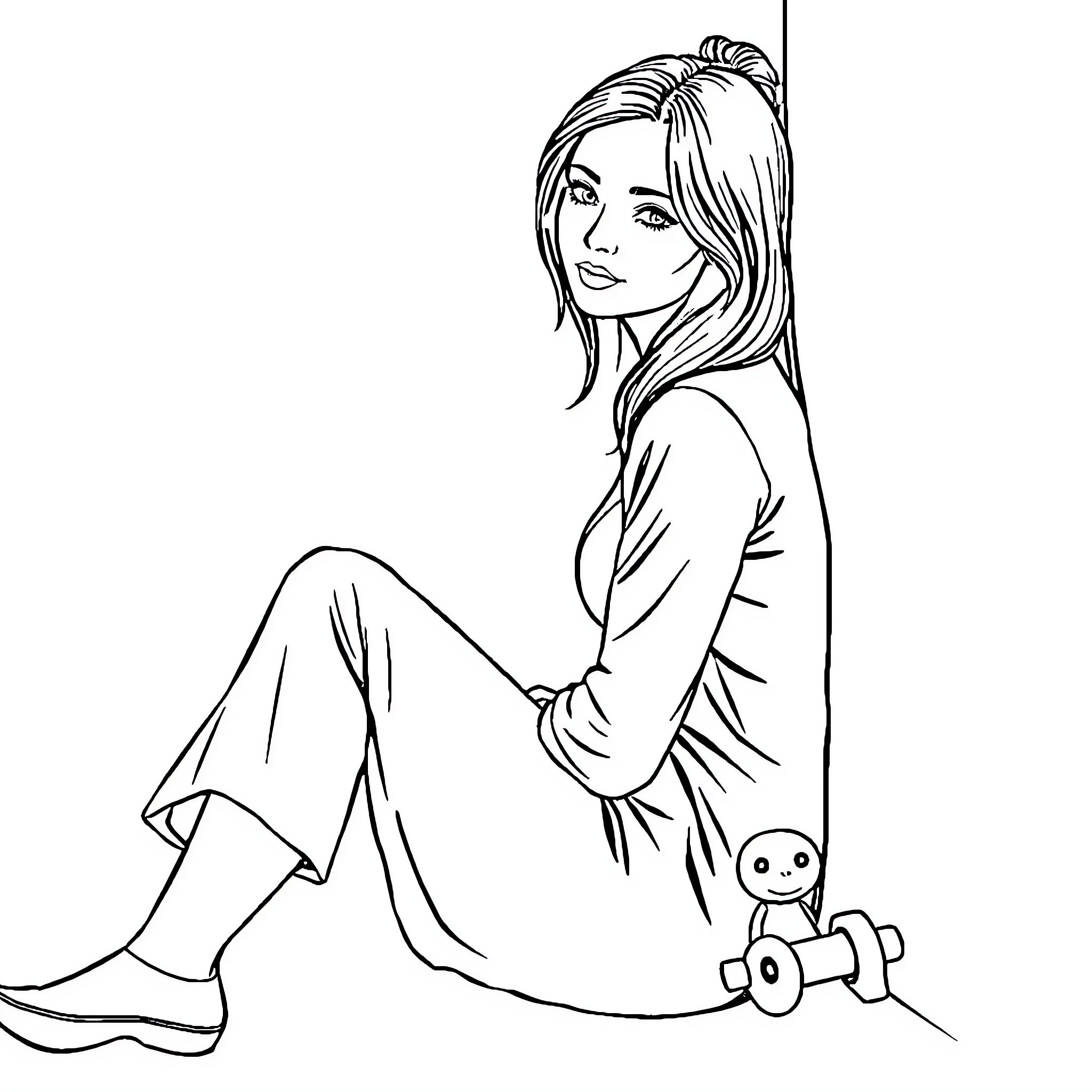 Woman relaxing with toys in contemplative pose Coloring Page (free black-and-white line drawing printable PDF for all, from beginners to advanced learners, including children, teens, adults, and seniors)
