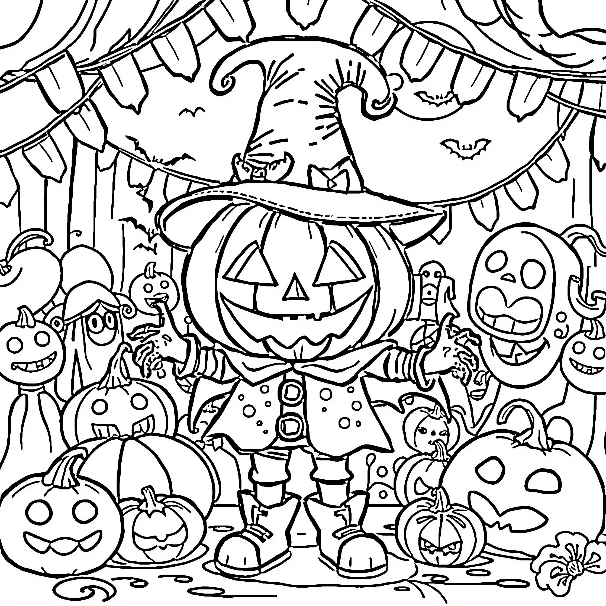 Pumpkin costume party with spooky characters Coloring Page (free black-and-white line drawing printable PDF for all, from beginners to advanced learners, including children, teens, adults, and seniors)