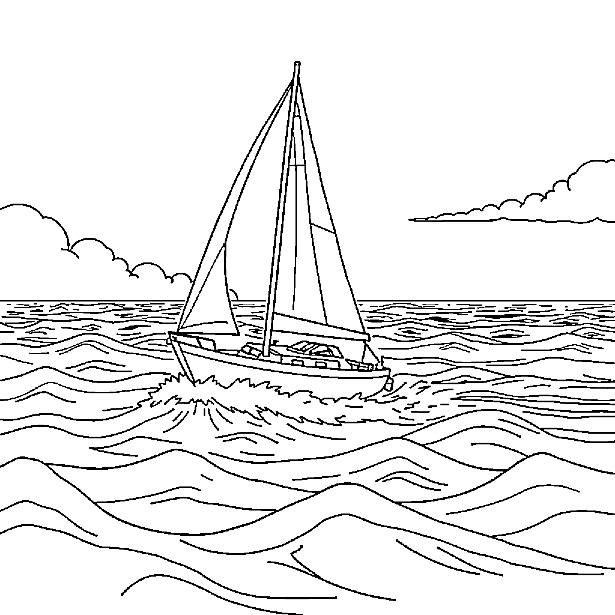 Sailboat sailing across the waves Coloring Page (free black-and-white line drawing printable PDF for all, from beginners to advanced learners, including children, teens, adults, and seniors)
