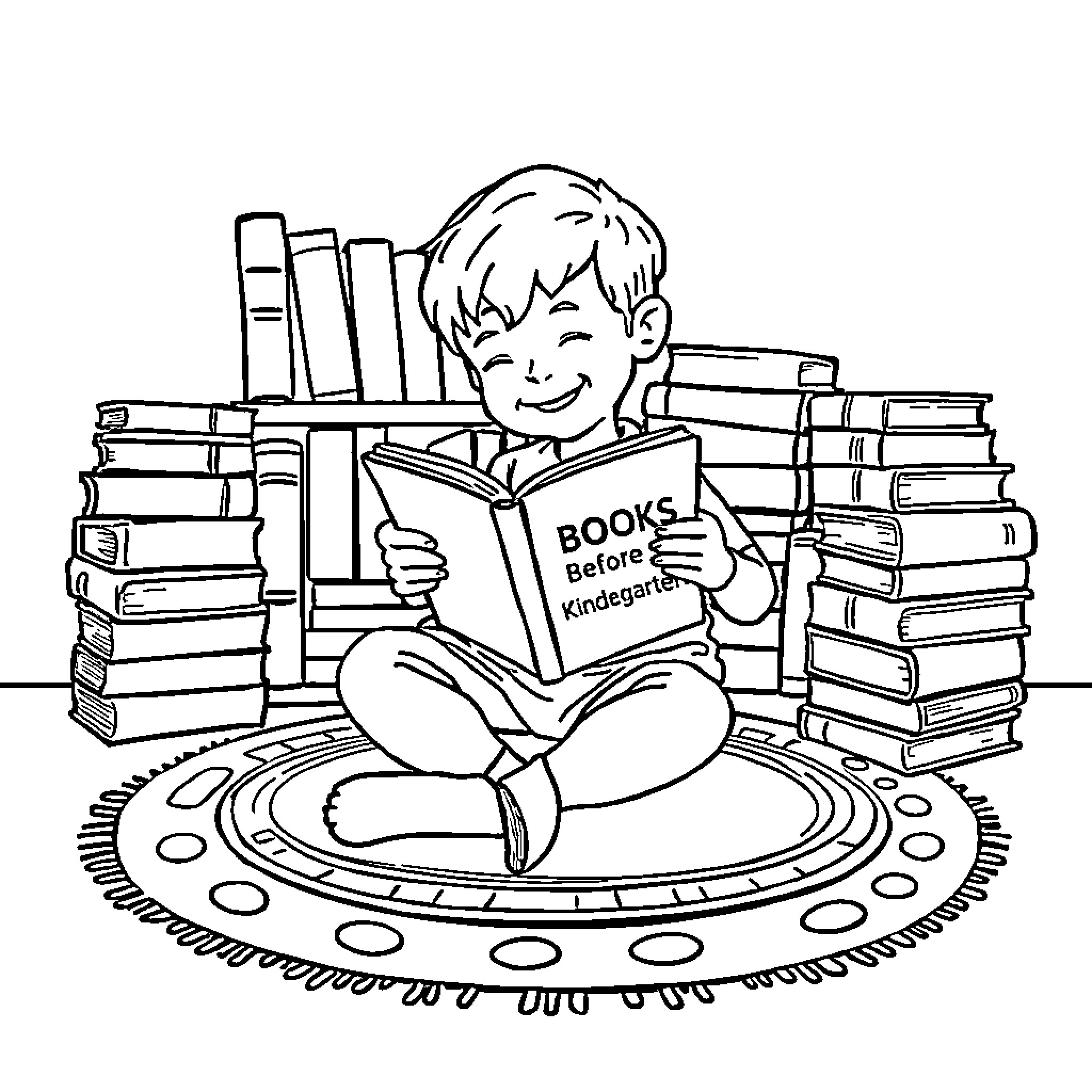 Child reading books happily surrounded by literature Coloring Page (free black-and-white line drawing printable PDF for all, from beginners to advanced learners, including children, teens, adults, and seniors)