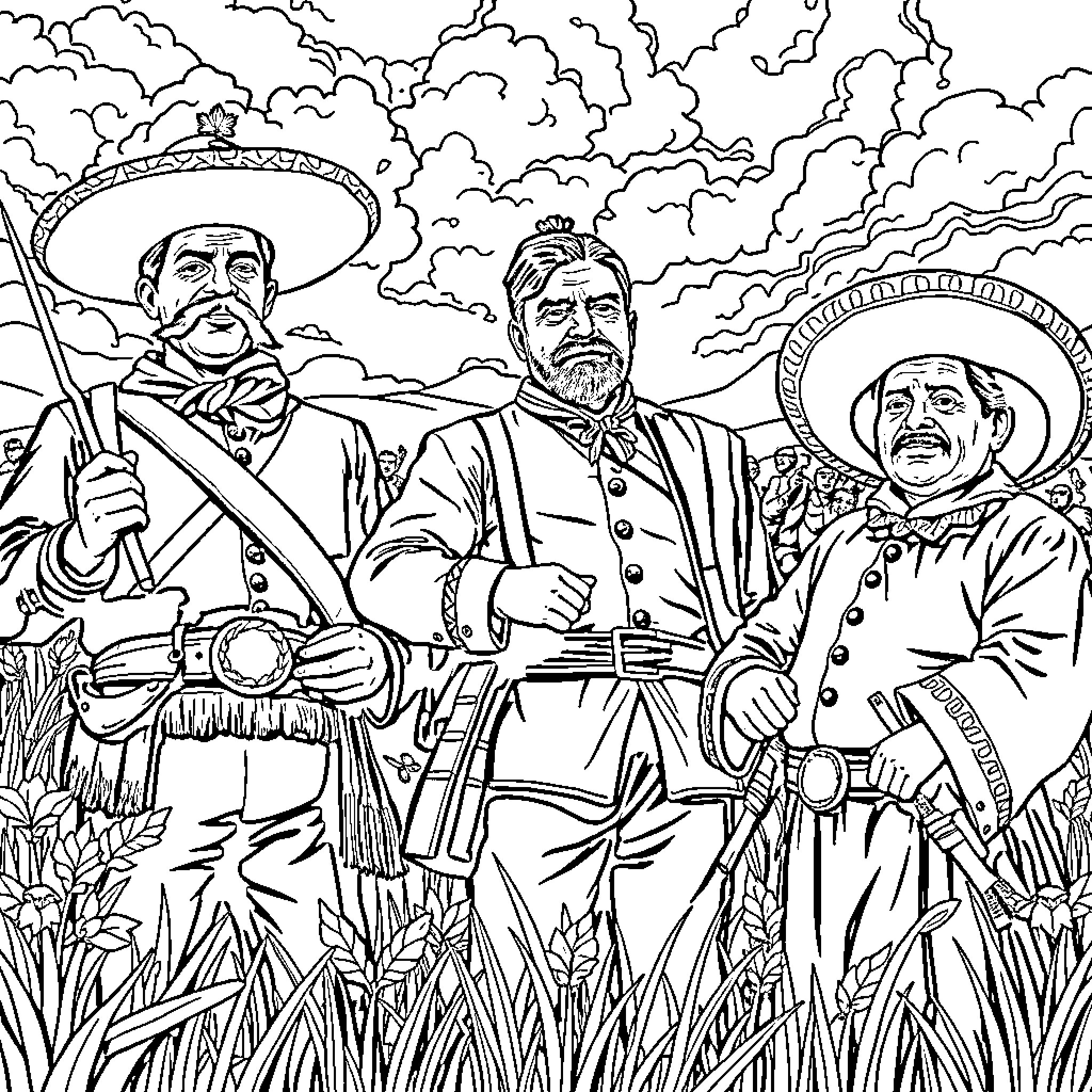 Personajes de la Revolución Mexicana en acción Coloring Page (free black-and-white line drawing printable PDF for all, from beginners to advanced learners, including children, teens, adults, and seniors)