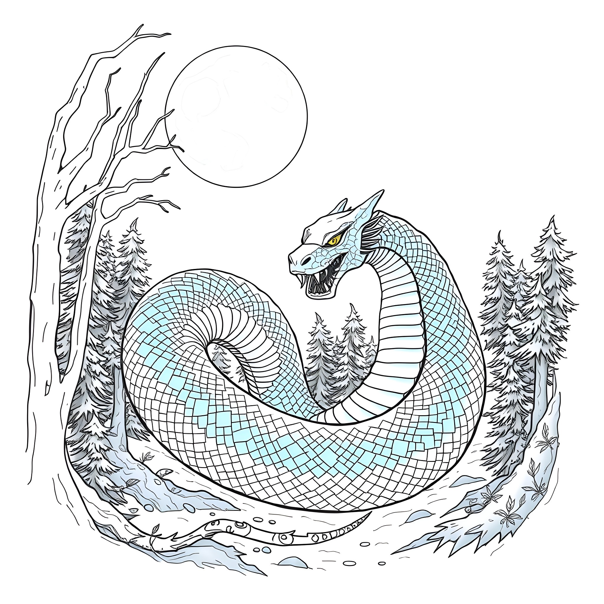 Uktena, the mythical horned serpent guarding the forest Coloring Page (free black-and-white line drawing printable PDF for all, from beginners to advanced learners, including children, teens, adults, and seniors)