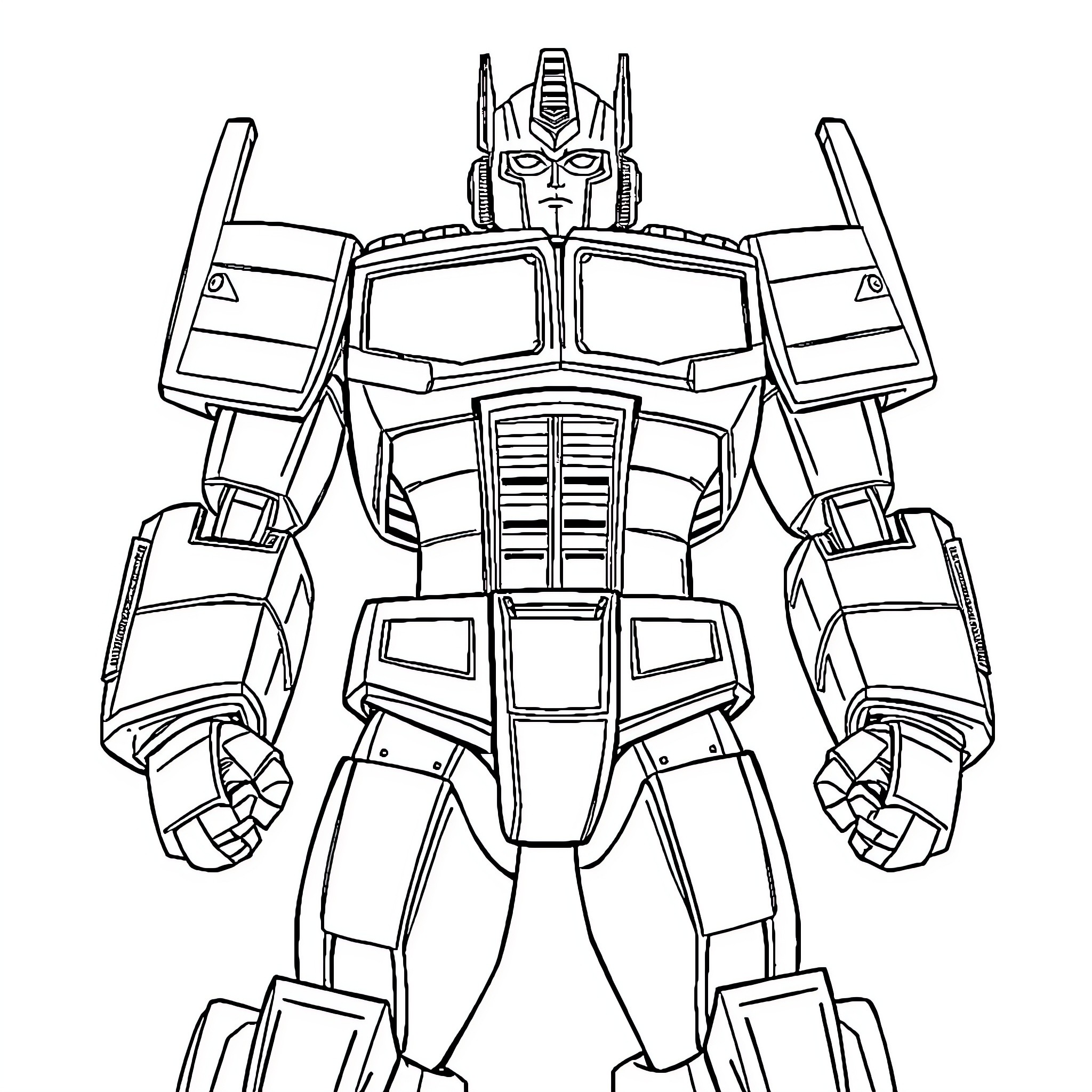 Optimus Prime posing with robotic arms and weapons Coloring Page (free black-and-white line drawing printable PDF for all, from beginners to advanced learners, including children, teens, adults, and seniors)