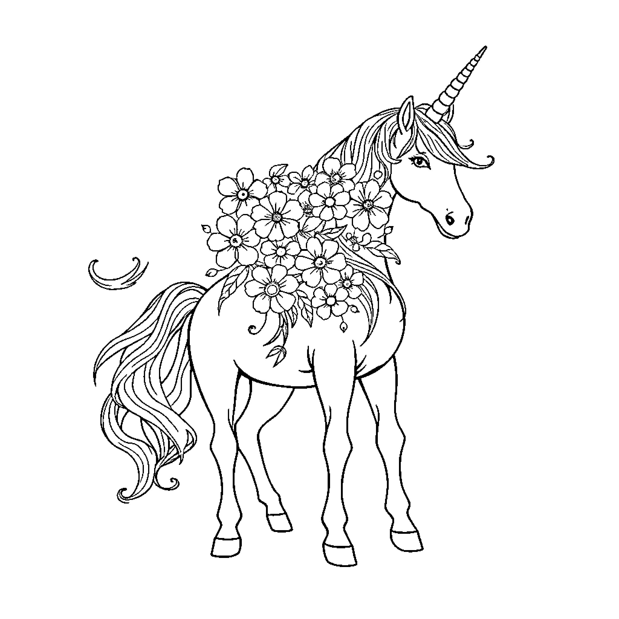 Unicorn with floral headdress and flowing mane Coloring Page (free black-and-white line drawing printable PDF for all, from beginners to advanced learners, including children, teens, adults, and seniors)