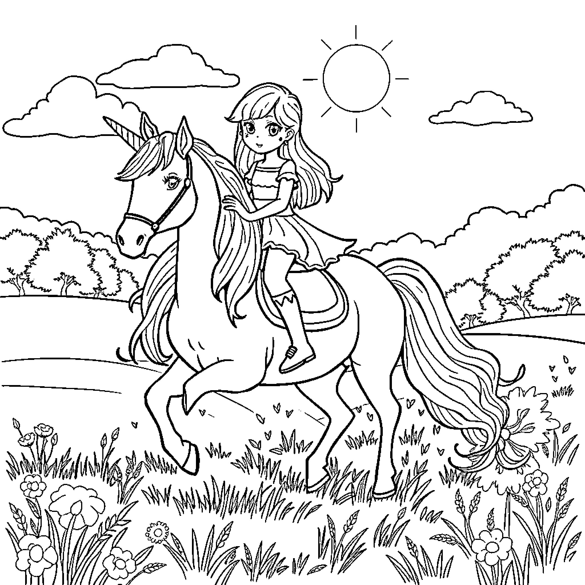 Trottie's Enchanting Unicorn Adventure Coloring Page (free black-and-white line drawing printable PDF for all, from beginners to advanced learners, including children, teens, adults, and seniors)