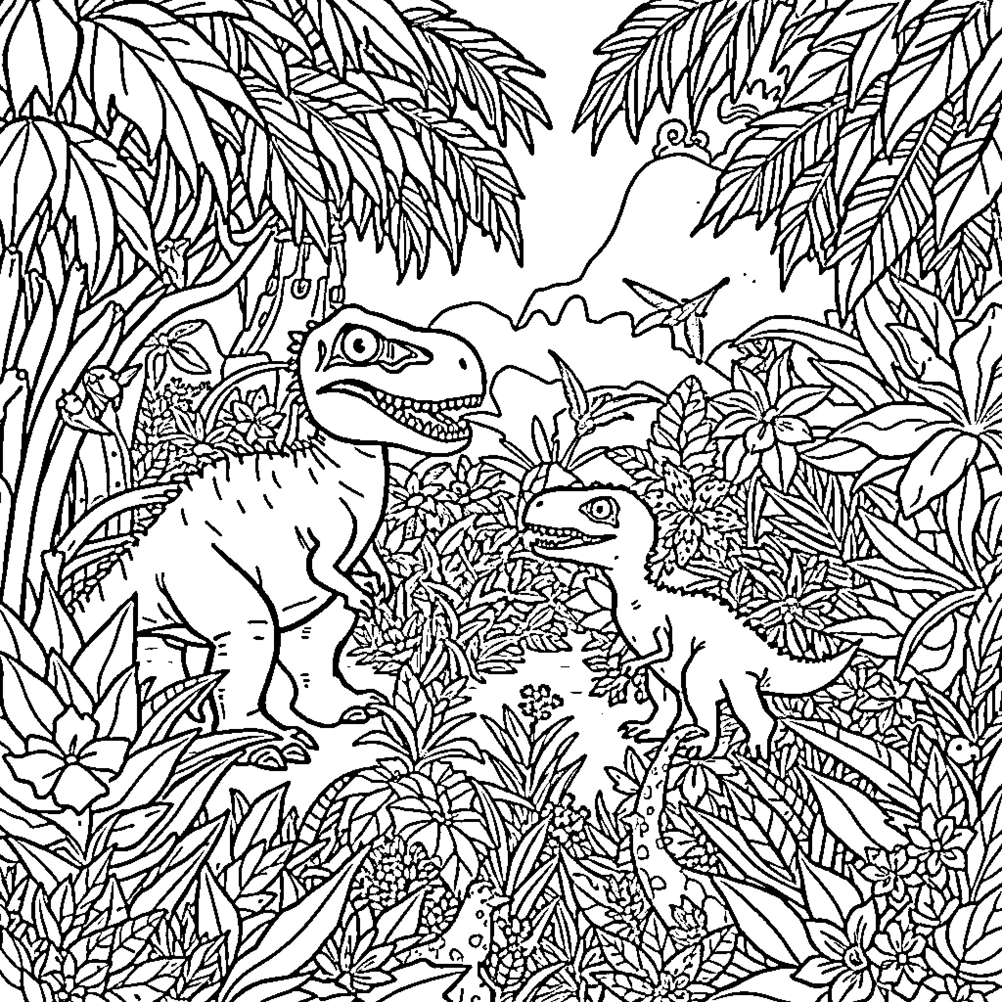 Dinosaurs exploring the lush jungle foliage Coloring Page (free black-and-white line drawing printable PDF for all, from beginners to advanced learners, including children, teens, adults, and seniors)