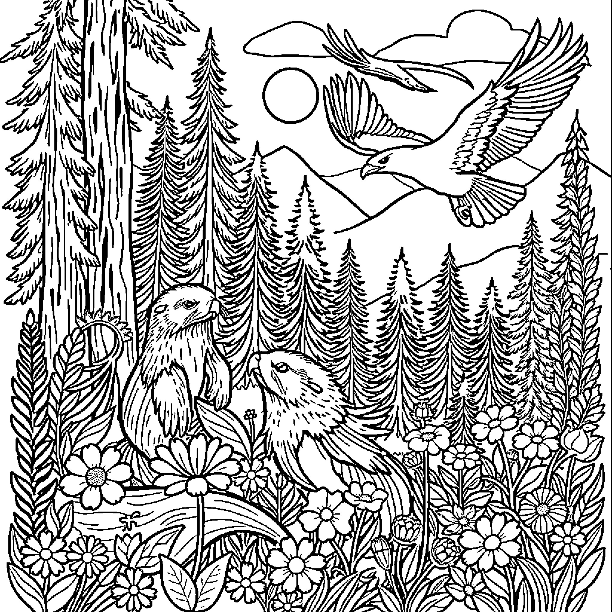 Animal friends in the wilderness Coloring Page (free black-and-white line drawing printable PDF for all, from beginners to advanced learners, including children, teens, adults, and seniors)