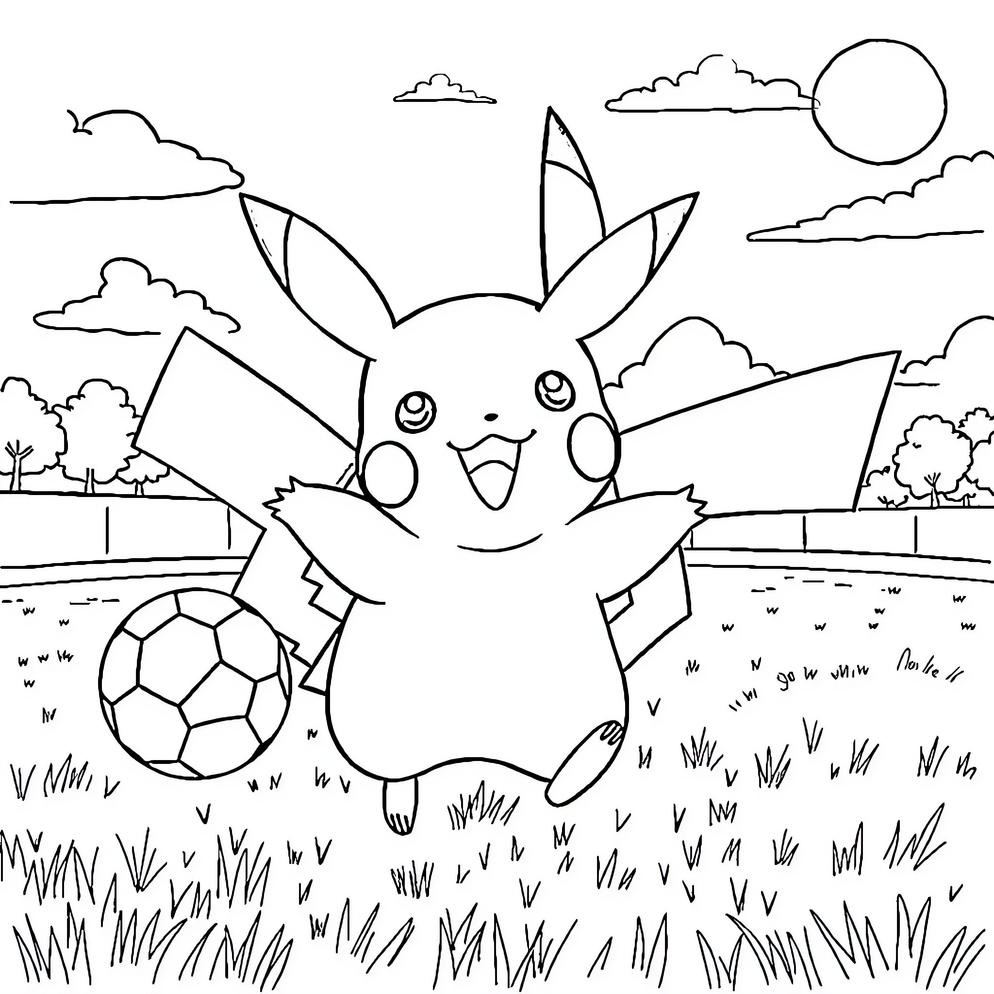 Pikachu playing joyfully with soccer ball in scenic outdoor setting Coloring Page (free black-and-white line drawing printable PDF for all, from beginners to advanced learners, including children, teens, adults, and seniors)