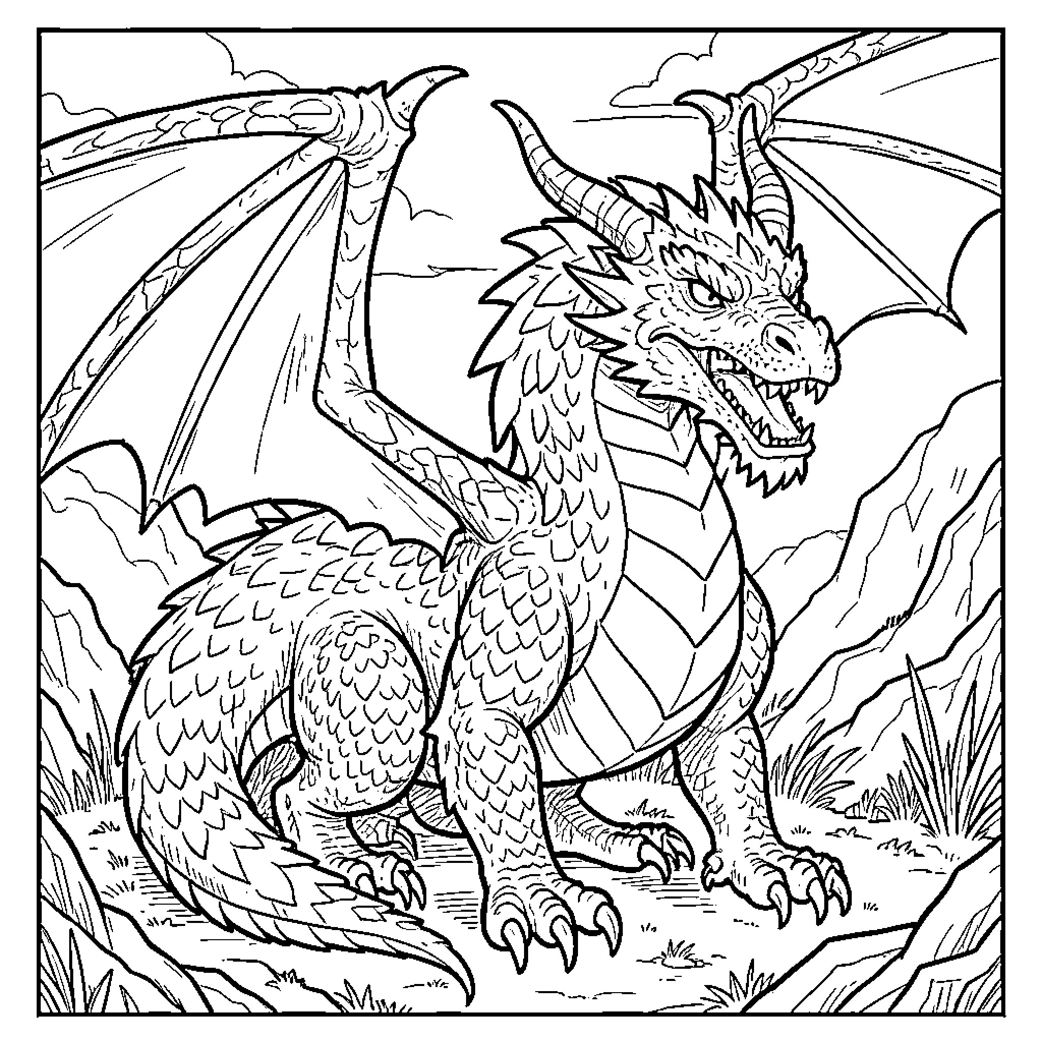 Dragon standing fiercely amidst a rocky landscape Coloring Page (free black-and-white line drawing printable PDF for all, from beginners to advanced learners, including children, teens, adults, and seniors)