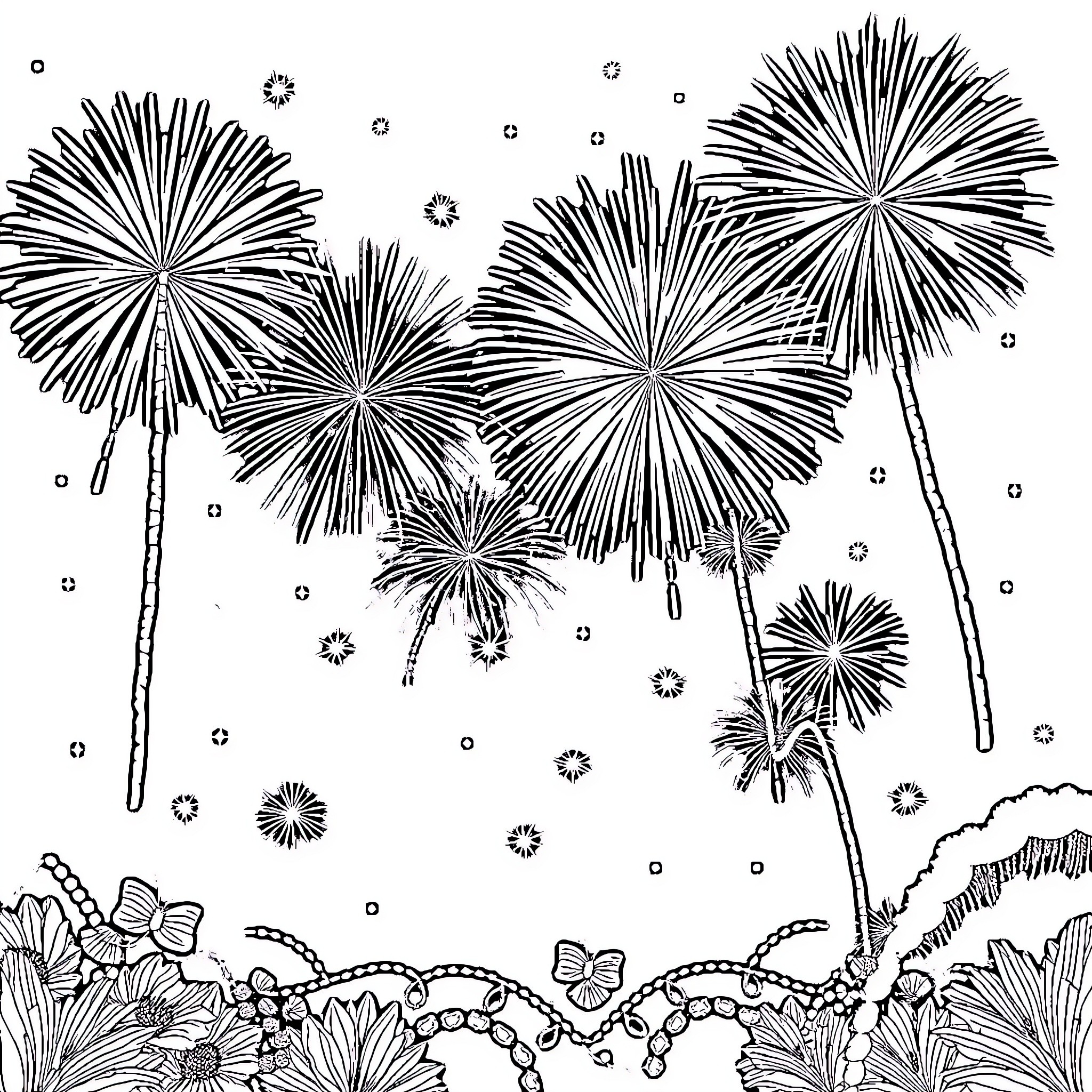 4th Of July Fireworks Celebration Coloring Page (free black-and-white line drawing printable PDF for all, from beginners to advanced learners, including children, teens, adults, and seniors)