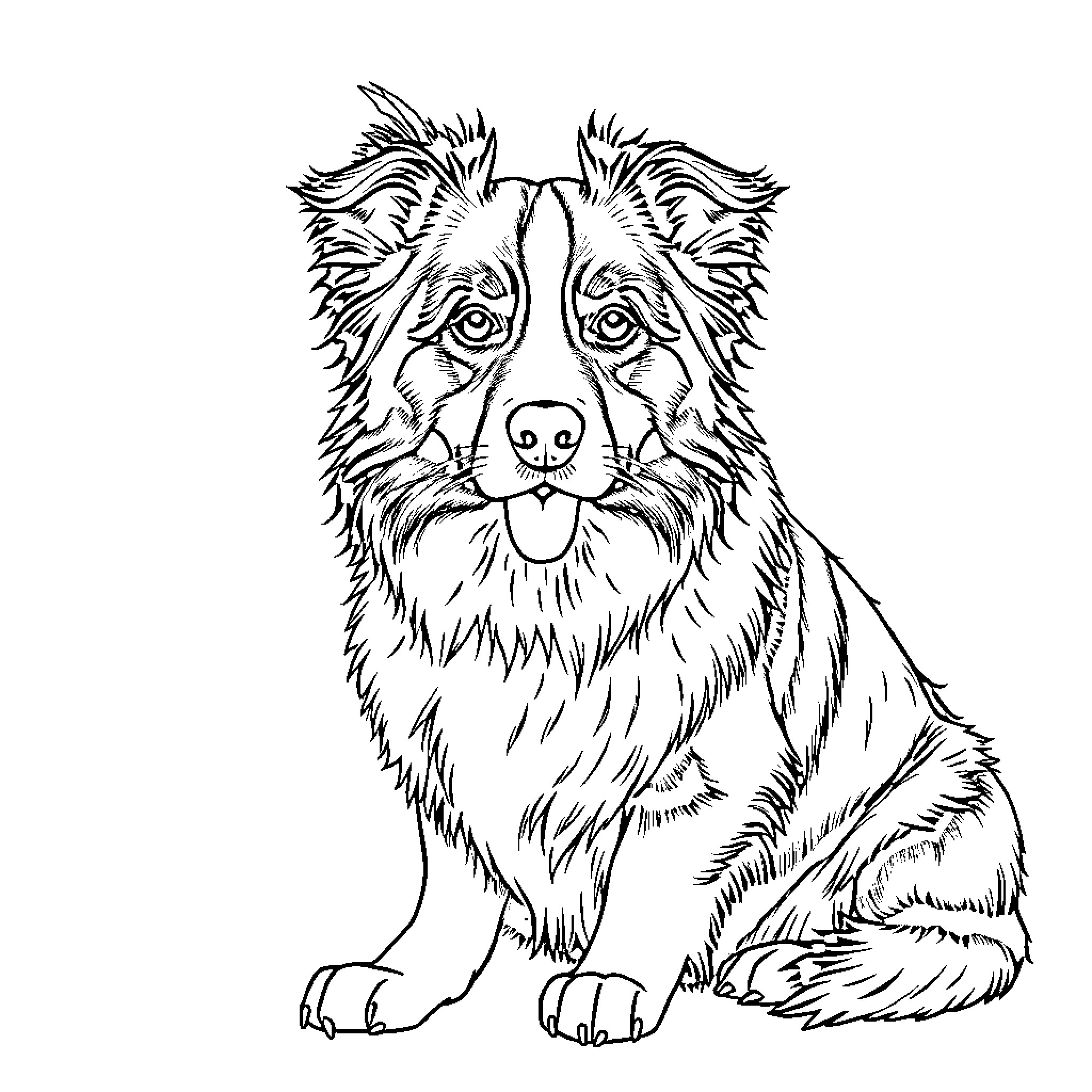 Australian Shepherd sitting attentively Coloring Page (free black-and-white line drawing printable PDF for all, from beginners to advanced learners, including children, teens, adults, and seniors)