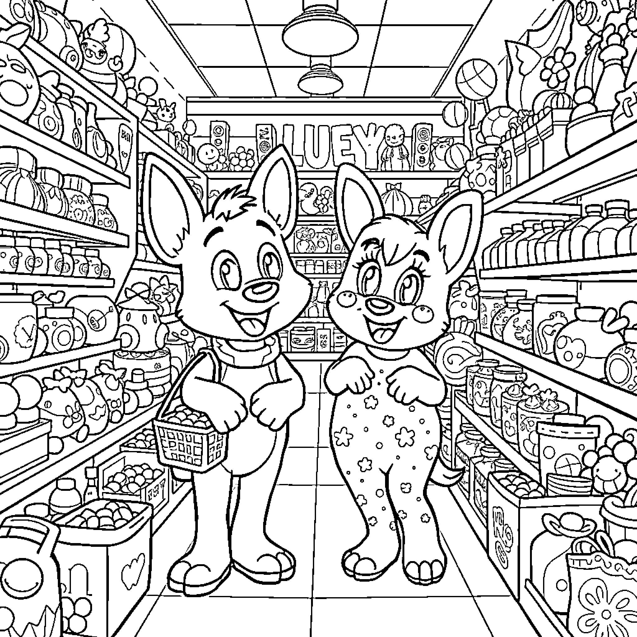 Bluey and Bingo Exploring a Toy Store Coloring Page (free black-and-white line drawing printable PDF for all, from beginners to advanced learners, including children, teens, adults, and seniors)