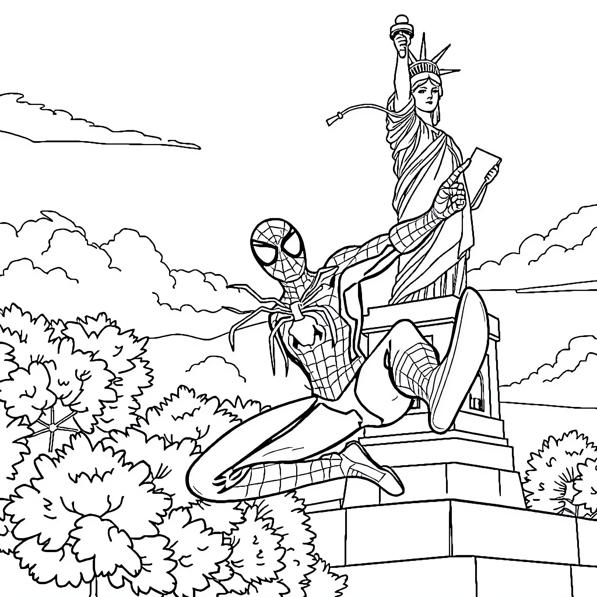 Spiderman swinging through the city near Statue of Liberty Coloring Page (free black-and-white line drawing printable PDF for all, from beginners to advanced learners, including children, teens, adults, and seniors)