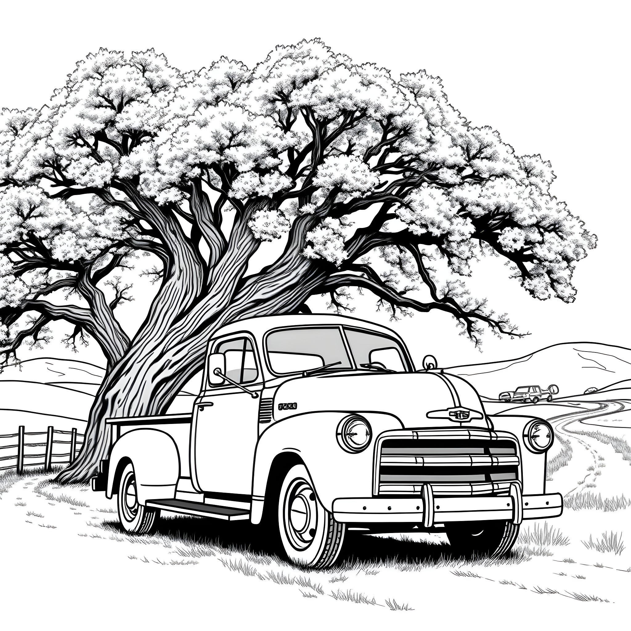 Truck parked under blooming tree in scenic countryside Coloring Page (free black-and-white line drawing printable PDF for all, from beginners to advanced learners, including children, teens, adults, and seniors)
