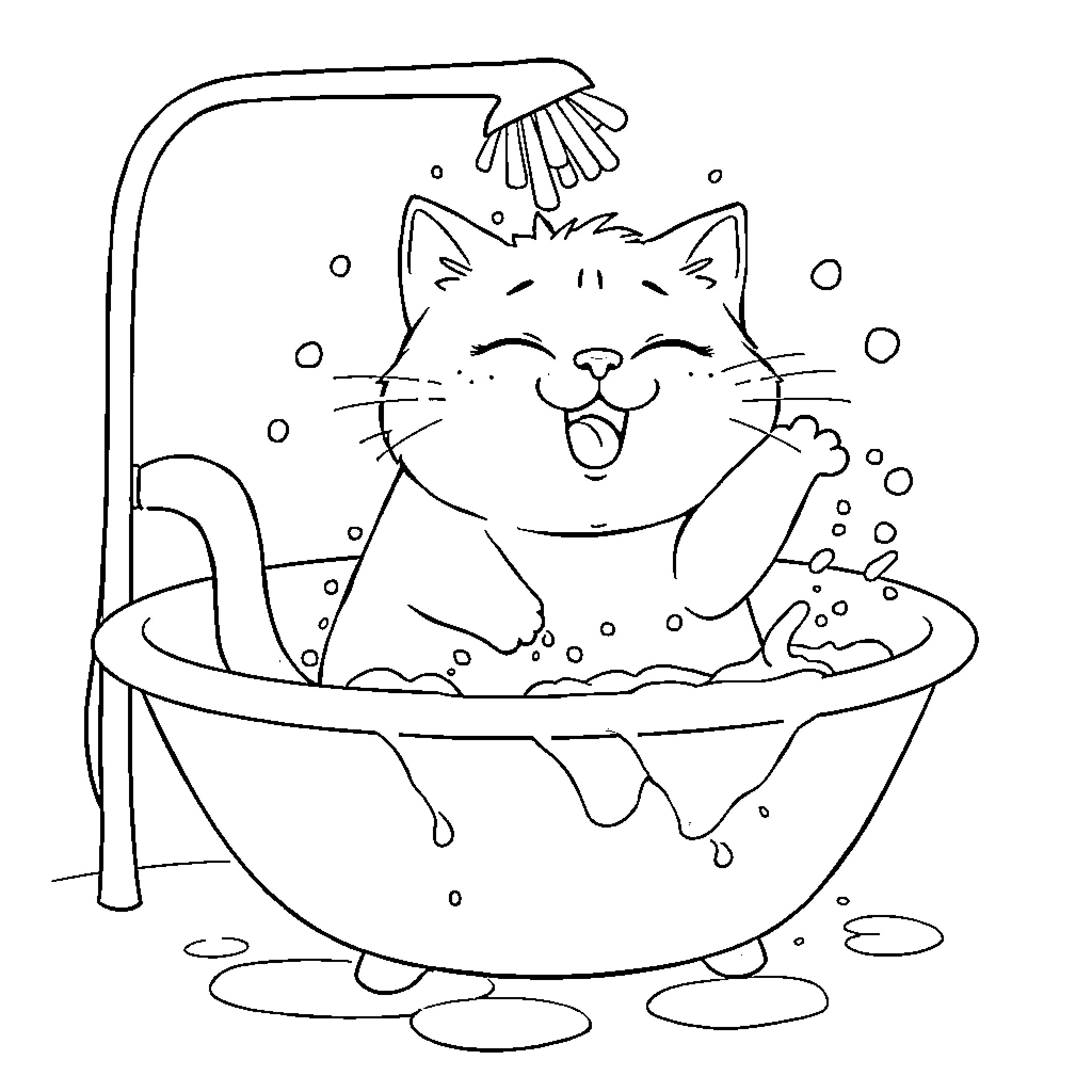 Cat enjoying a relaxing bath Coloring Page (free black-and-white line drawing printable PDF for all, from beginners to advanced learners, including children, teens, adults, and seniors)