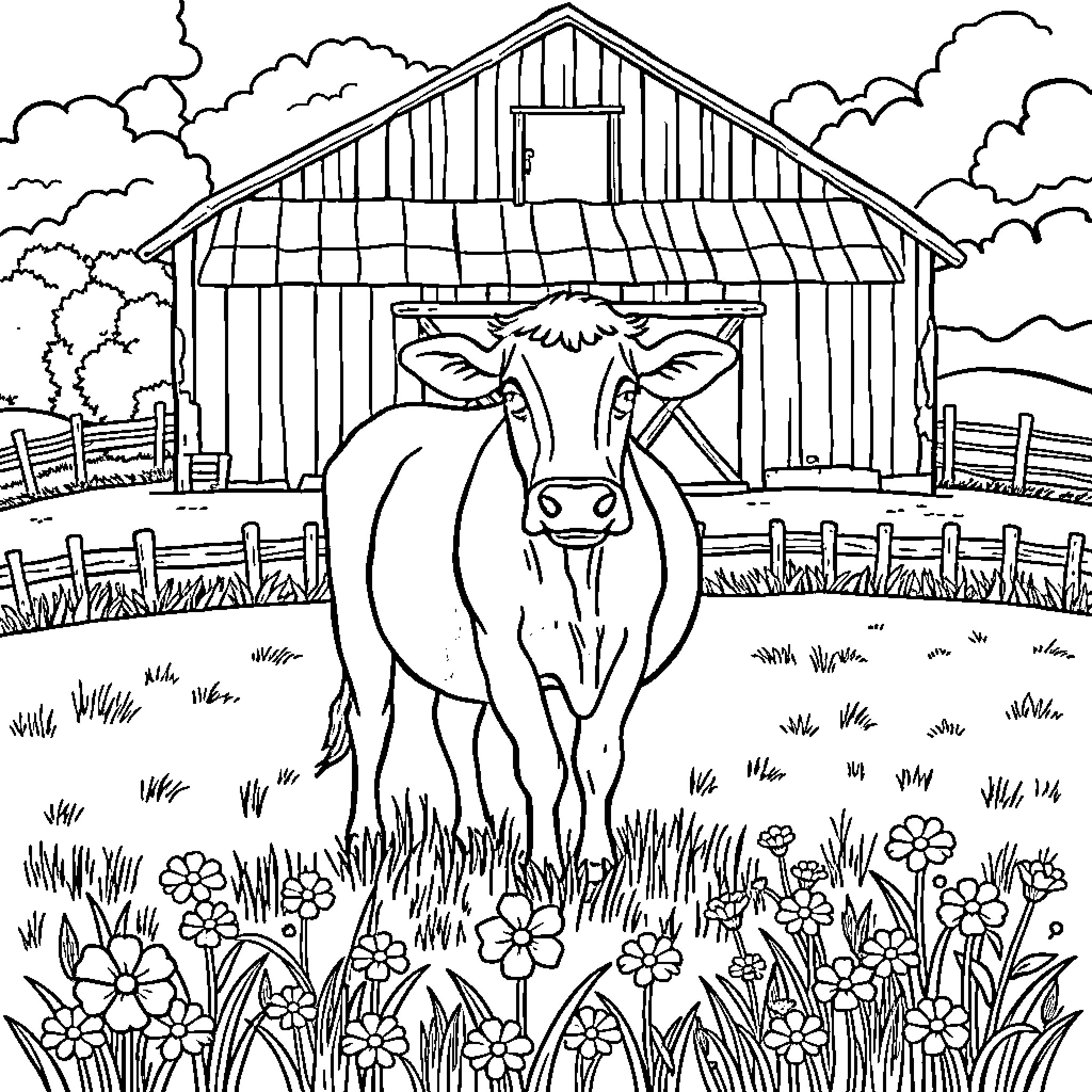 Cow standing in front of a barn with flowers Coloring Page (free black-and-white line drawing printable PDF for all, from beginners to advanced learners, including children, teens, adults, and seniors)