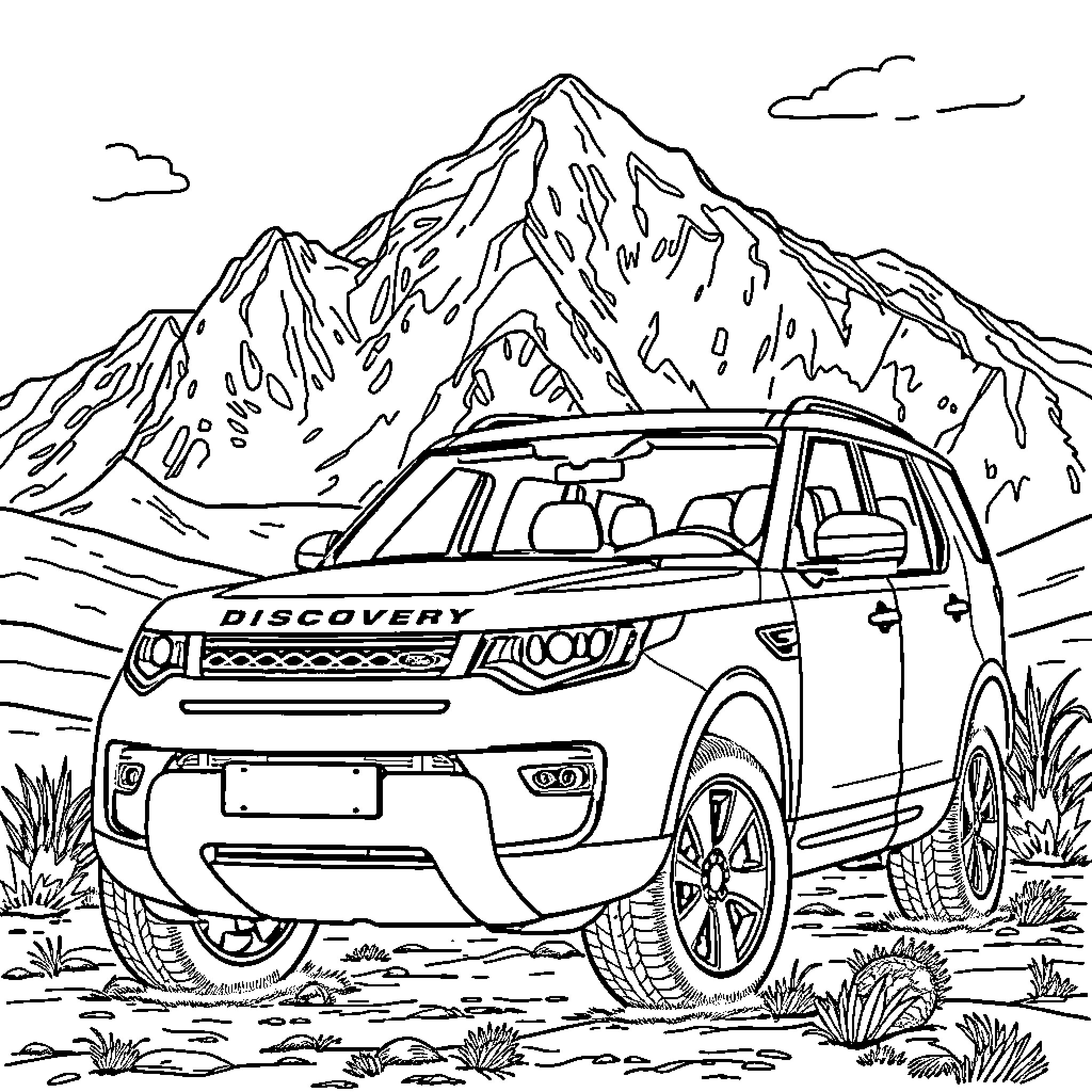 Land Rover exploring rugged mountain landscape Coloring Page (free black-and-white line drawing printable PDF for all, from beginners to advanced learners, including children, teens, adults, and seniors)